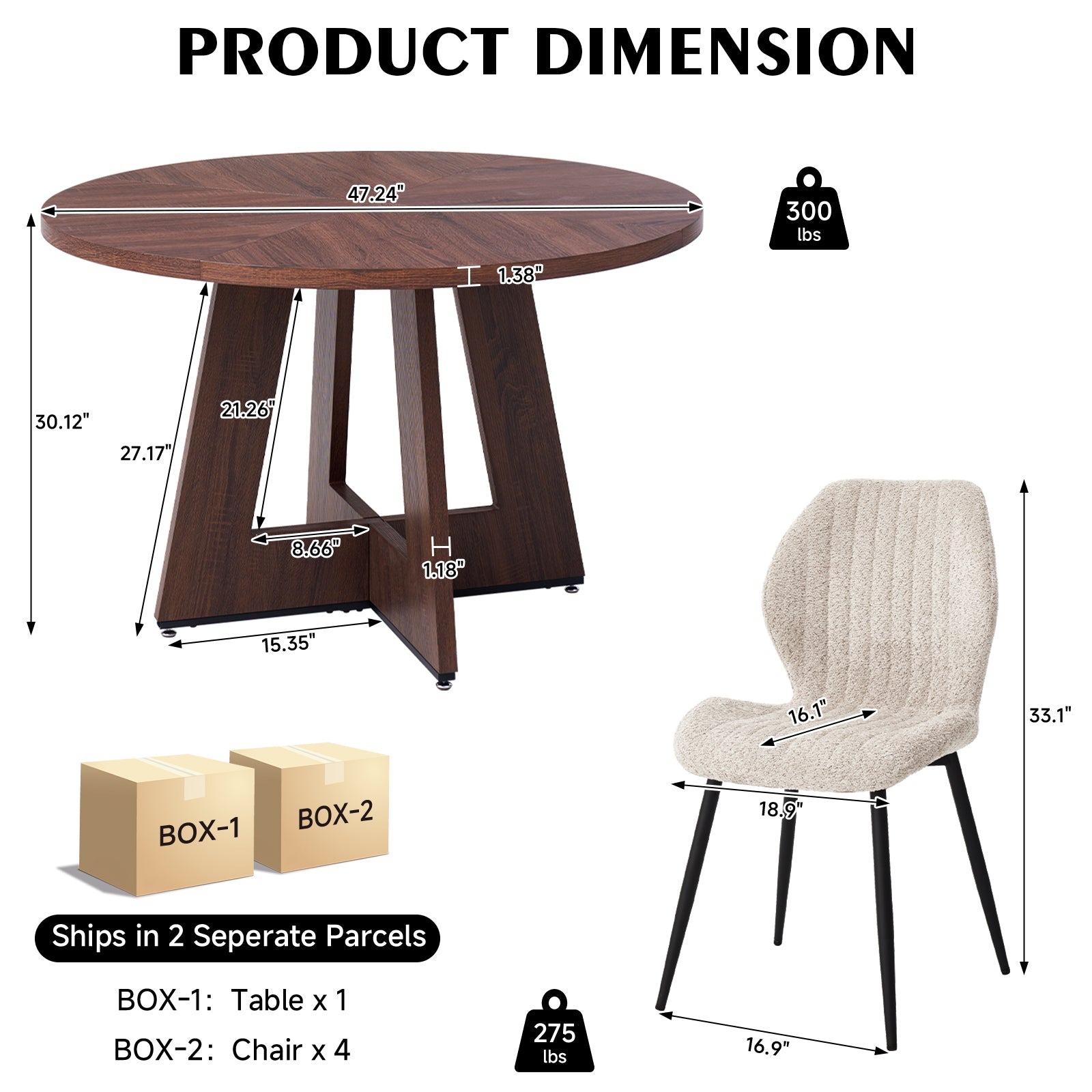 5 Piece 47'' Round Dining Table Chairs Set for 4, Farmhouse Oak Kitchen Table with 4 Scandi Mid Century Modern Dinning Room Chairs, Wood Dinner Table &Upholstered Fabric Chairs Set of 4, Beige
