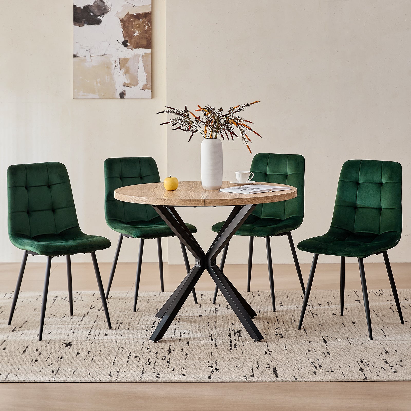 39" Round Dining Table Set for 4, Mid Century Kitchen Table with 4 Green Velvet Upholstered Dining Chairs for Apartment Living Room Space Saving