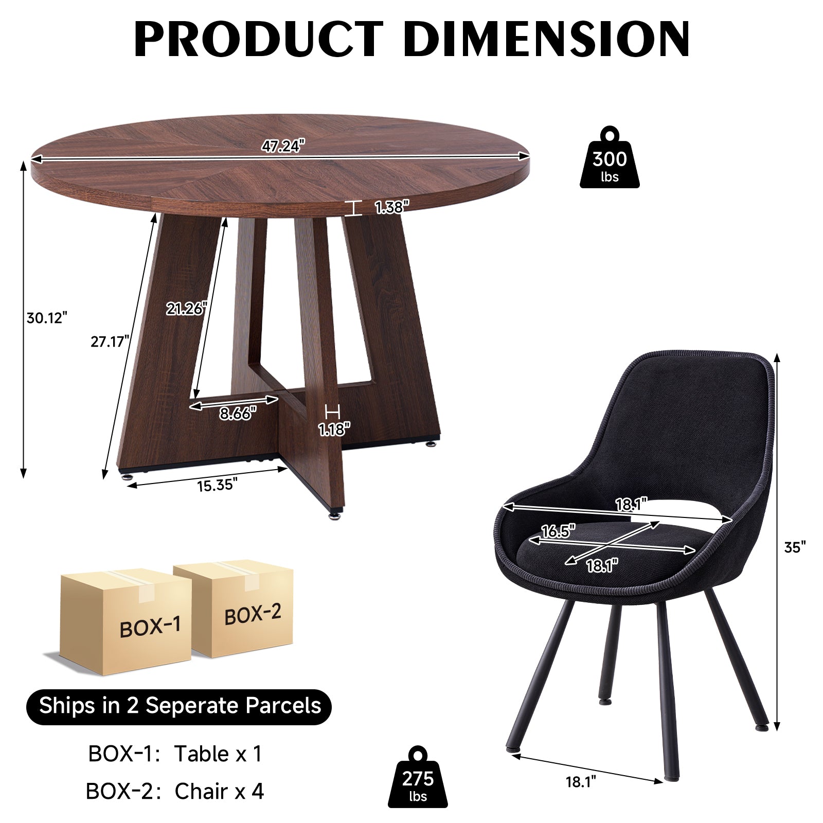 5 Piece 47" Round Dining Table Set for 4, [Fanned Base] [1.38" Thick Top] Wood Kitchen Table with 4 Swivel Dining Chairs, Black