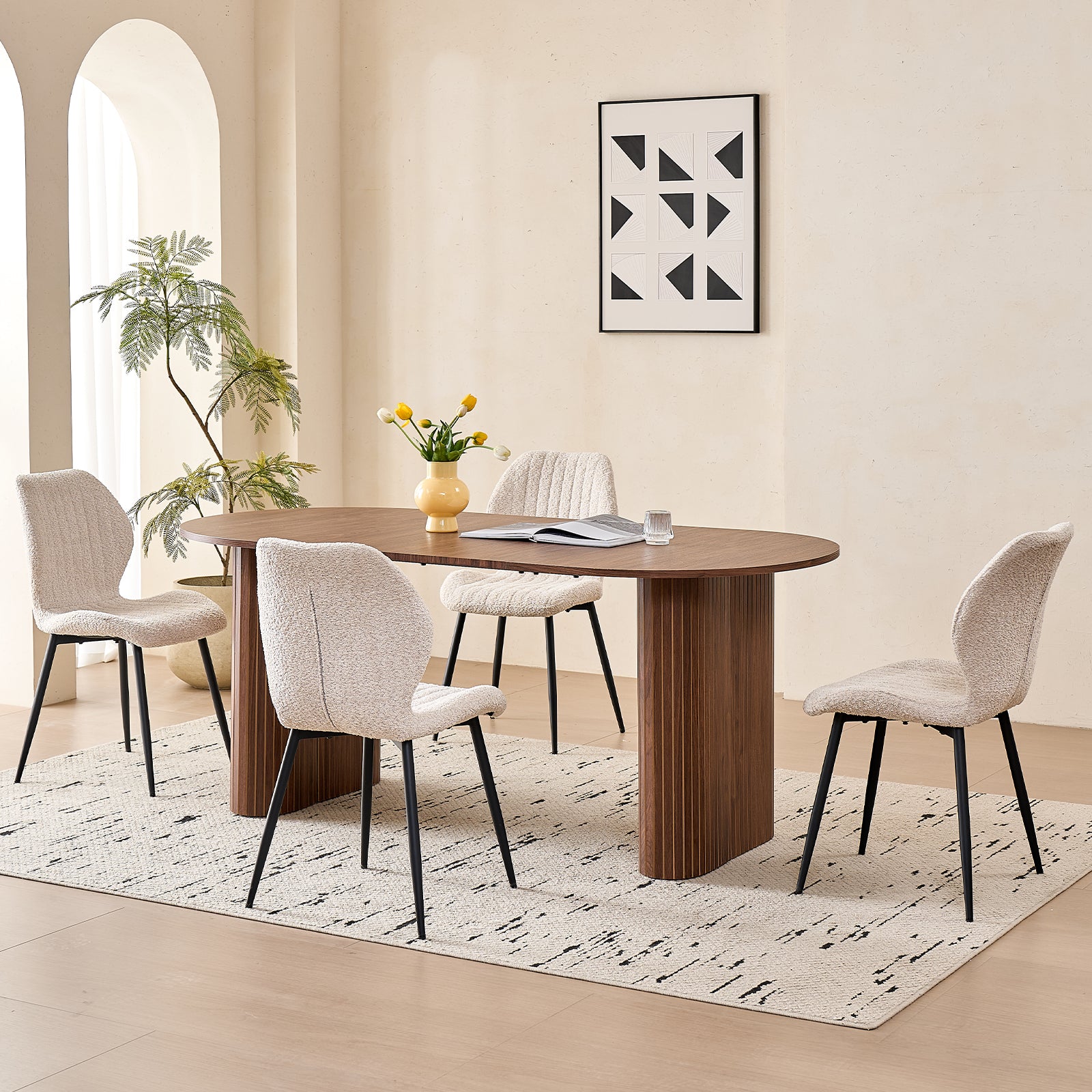 71" Large Dining Table Set for 4, Rounded Corners Farmhouse Modern Rectangle Wood Kitchen Table with Boucle Chairs Set of 4