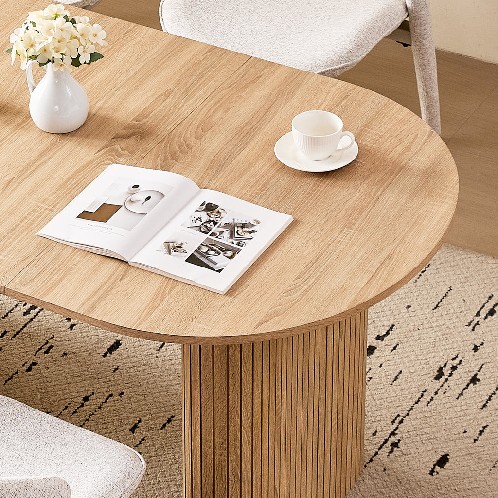 71" Natural Large Dining Table Set for 4 Modern Kitchen Table with White Linen Upholstered Kitchen Chairs Set of 4
