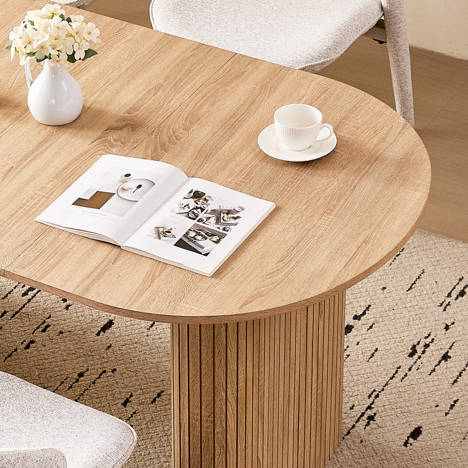 71" Natural Large Dining Table Set for 4 Modern Kitchen Table with White Linen Upholstered Kitchen Chairs Set of 4
