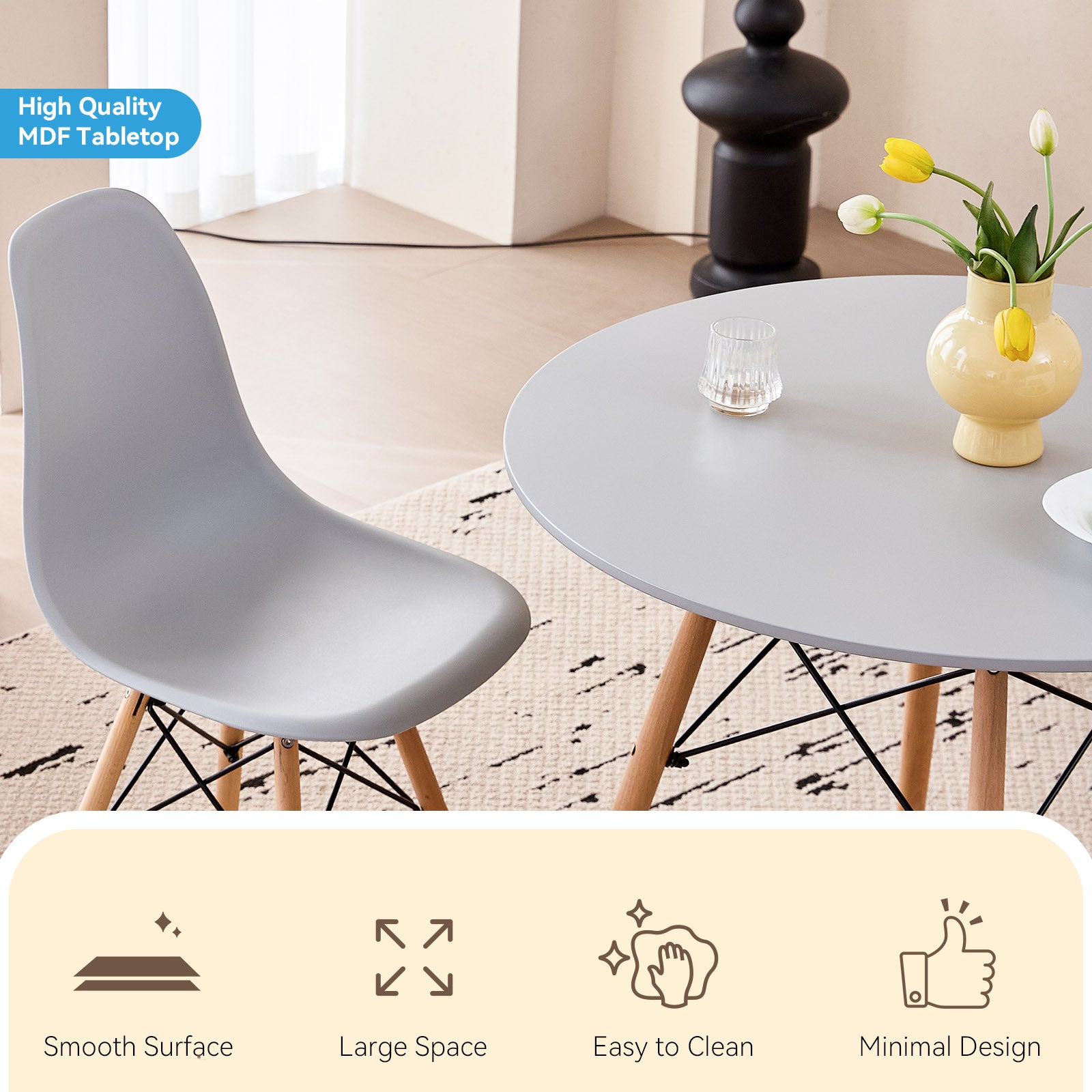 5 Piece 31.5'' Round Dining Table Set for 4, Kitchen Table & Chairs Set of 4, Mid-Century Modern Table W/ 4 Chairs for Home, Living Room, Apartment, Wood Legs, Metal Frame, Gray