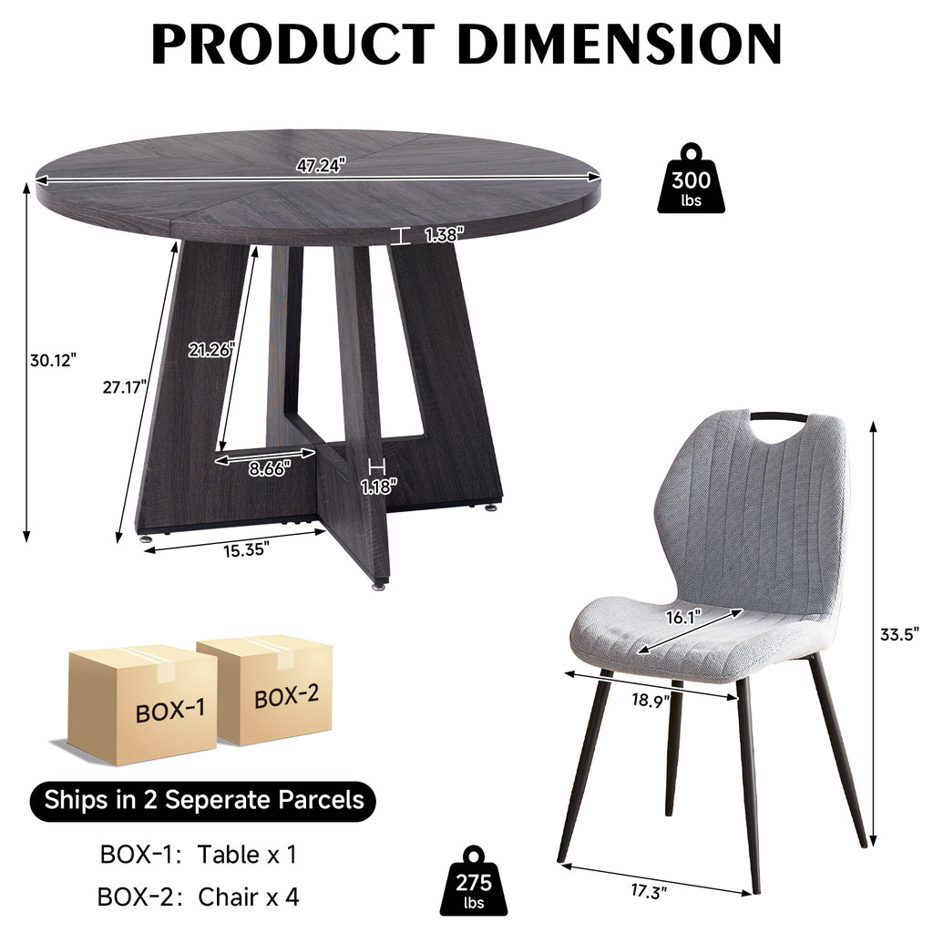 5 Piece 47'' Round Dining Table Chairs Set for 4, Farmhouse Kitchen Table with 4 Scandi Mid Century Modern Dinning Room Chairs, Wood Dinner Table &Upholstered Fabric Chairs Set of 4, Gray