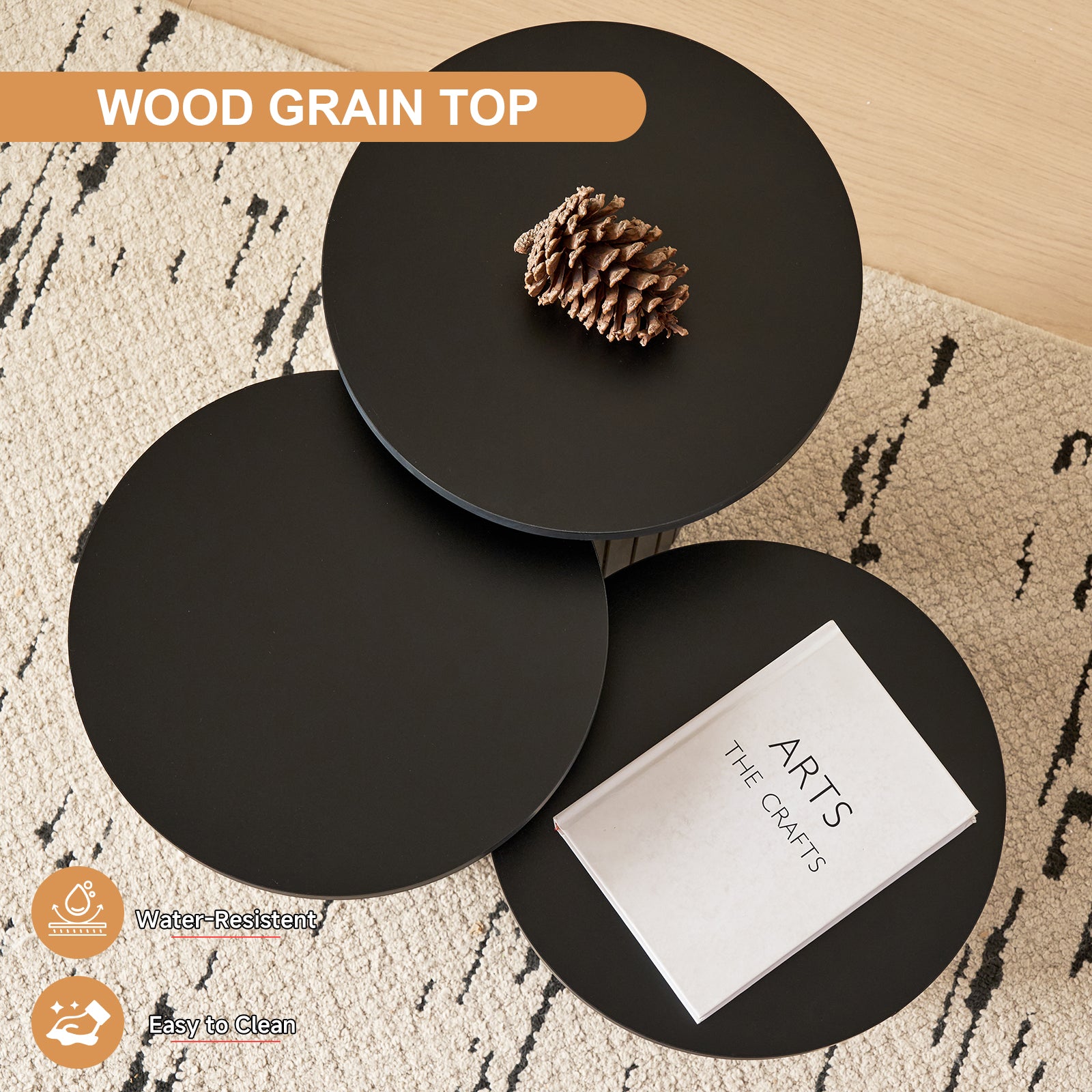 3-Piece Nesting Coffee Table Set, Modern Small Round Wood Side Tables, Fluted Drum Base, for Living Room Bedroom Apartment Small Space, Black