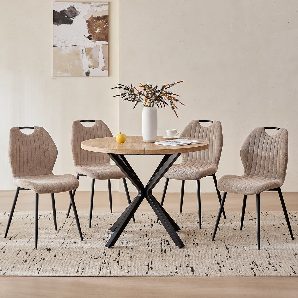 5 Piece 39" Round Dining Table Set for 4, Mid Century Kitchen Table with 4 Khaki Fabric Upholstered Dining Chairs for Apartment Living Room, Space Saving Table.
