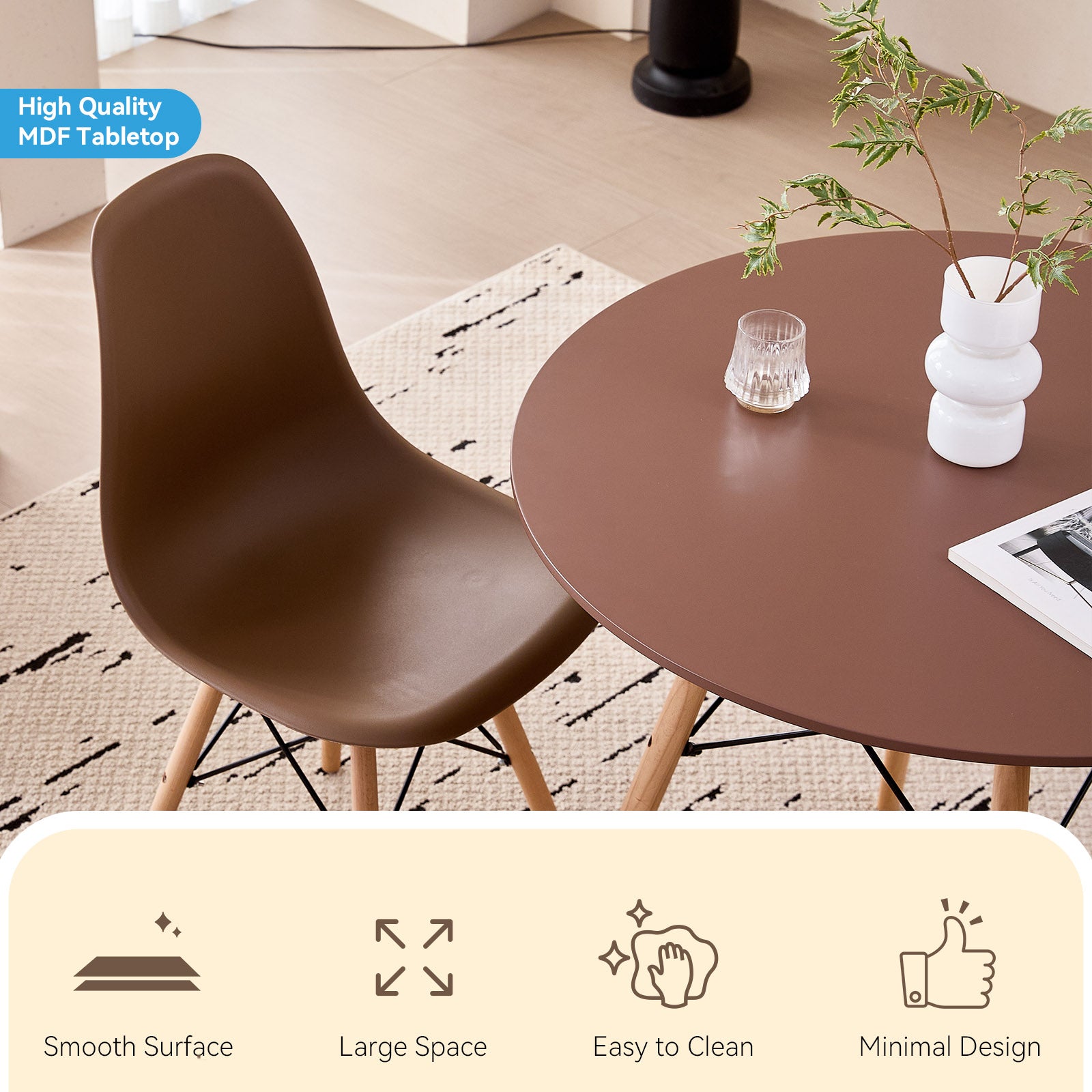 5 Piece 31.5'' Round Dining Table Set for 4, Kitchen Table & Chairs Set of 4, Mid-Century Modern Table W/ 4 Chairs for Home, Living Room, Apartment, Wood Legs, Metal Frame, Brown