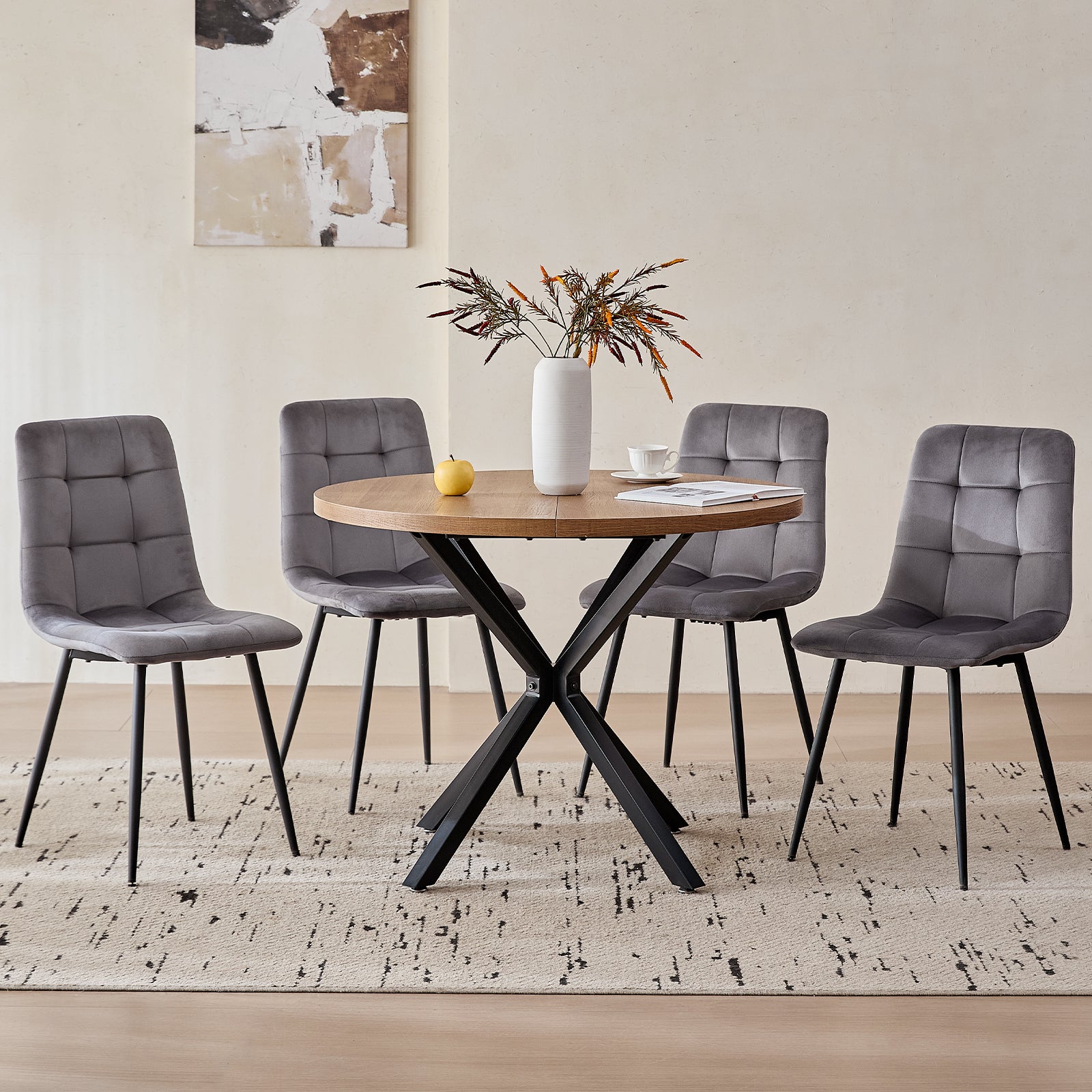 5 Pieces Round Dining Table Set - Mid-Century Brown Dining Table with 4 Gray Velvet Chairs Set, Coffee Table & Chairs with Black Metal Legs for Kitchen Dining Room, Apartment