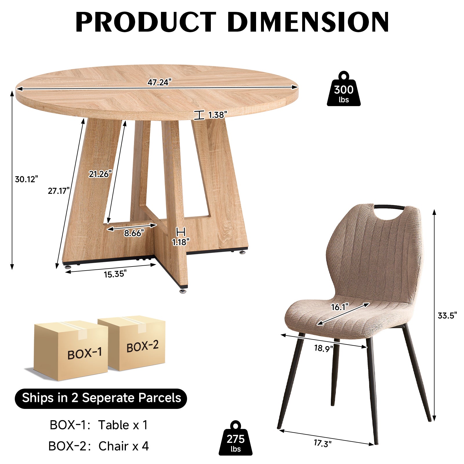 5 Piece 47'' Round Dining Table Chairs Set for 4, Farmhouse Oak Kitchen Table with 4 Scandi Mid Century Modern Dinning Room Chairs, Wood Dinner Table &Upholstered Fabric Chairs Set of 4, Khaki