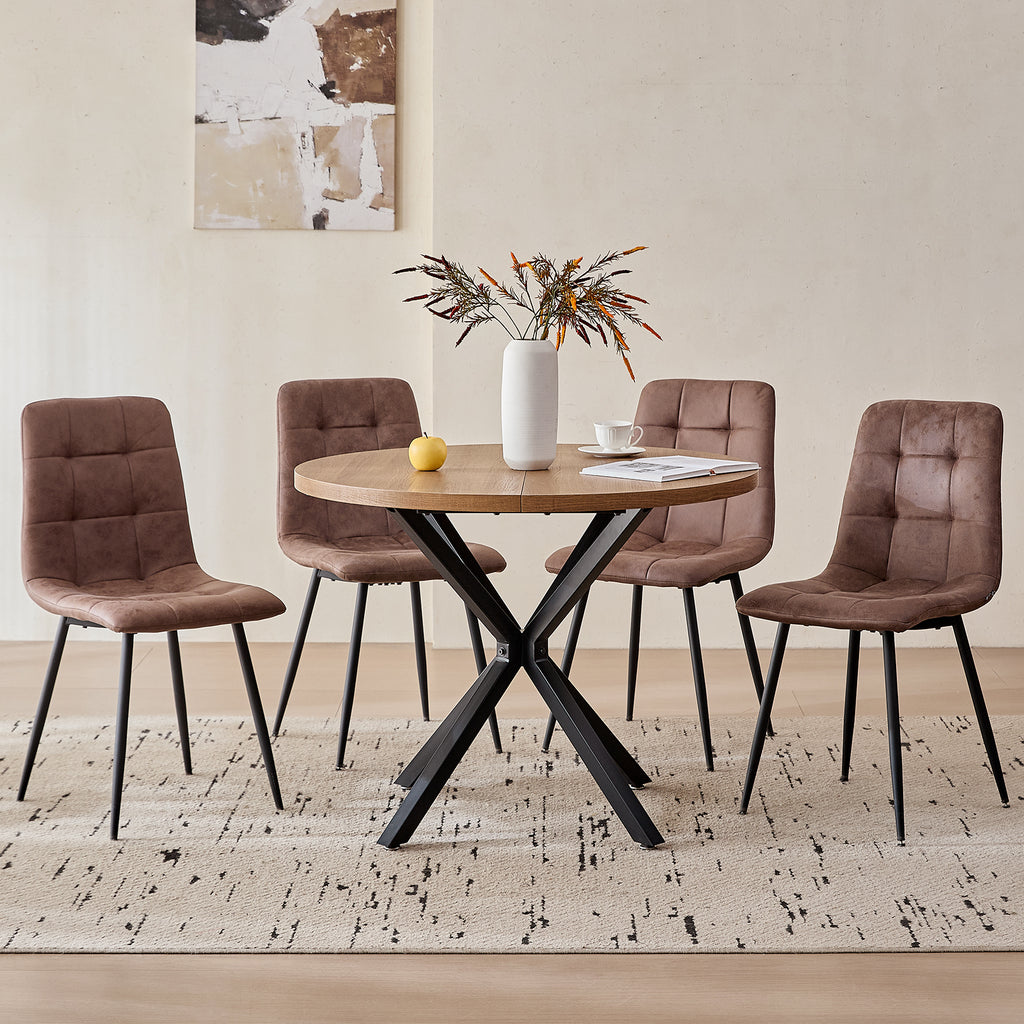 5 Pieces Round Dining Table Set - Mid-Century Brown Dining Table with 4 Brown Faux Leather Chairs Set, Coffee Table & Chairs with Black Metal Legs for Kitchen Dining Room, Apartment
