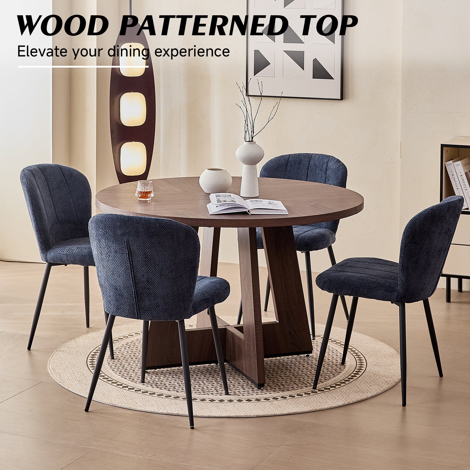 5 Piece 47" Round Dining Room Table Set for 4, [Fanned Base] [1.38" Thick Top] Wood Kitchen Table with 4 Blue Chenille Dining Chairs