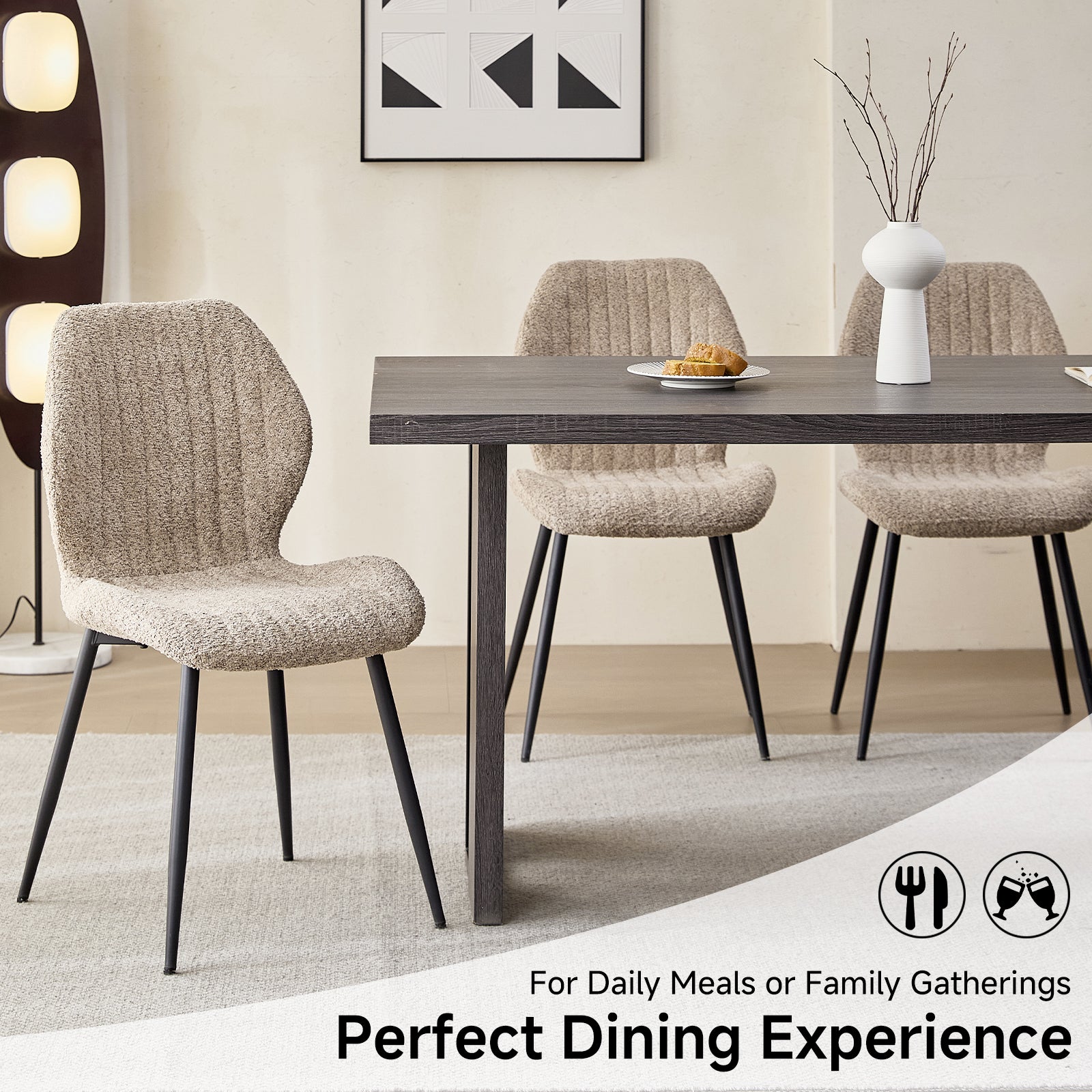 Boucle Dining Chairs Set of 4, Mid Century Modern Kitchen Chairs Comfortable Upholstered Armless Accent Dinning Room Chairs with Back and Metal Legs for Kitchen, Bedroom, Living Room, Brown
