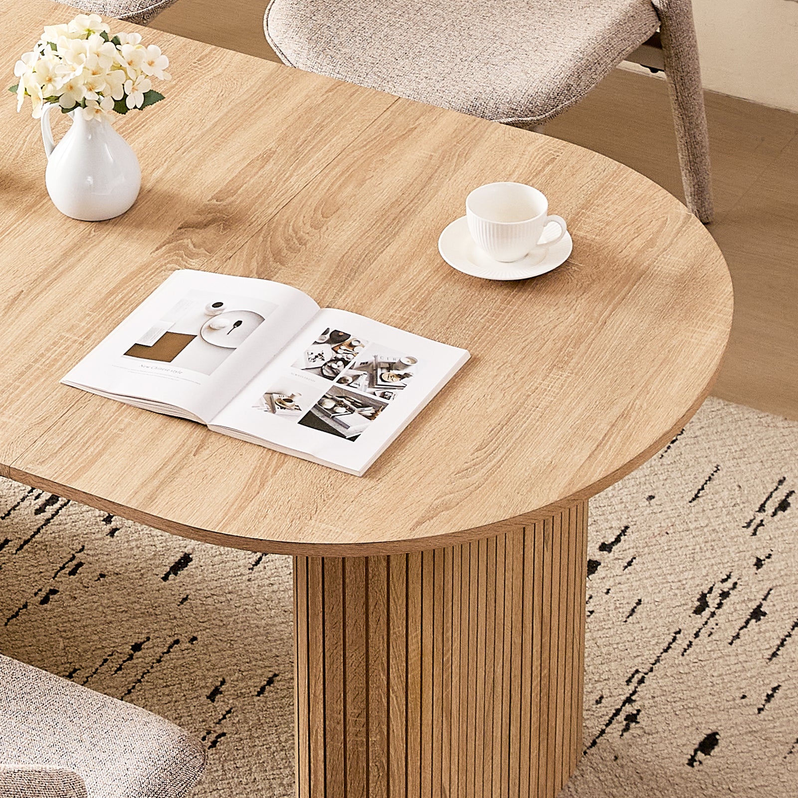 71" Natural Large Dining Table Set for 4 Modern Kitchen Table with Brown Linen Upholstered Kitchen Chairs Set of 4