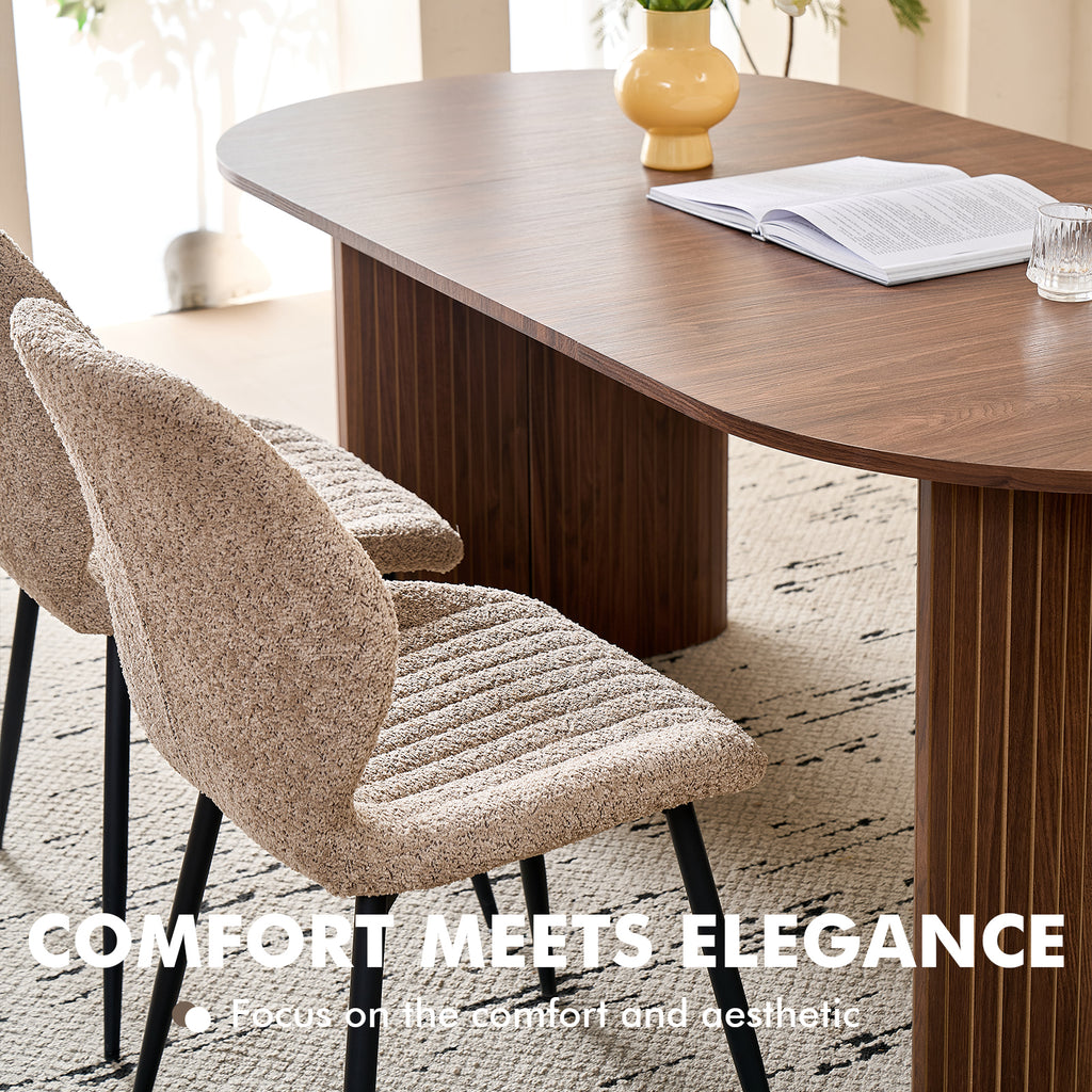 71" Large Dining Table Set for 4, Rounded Corners Farmhouse Modern Rectangle Wood Kitchen Table with Boucle Chairs Set of 4