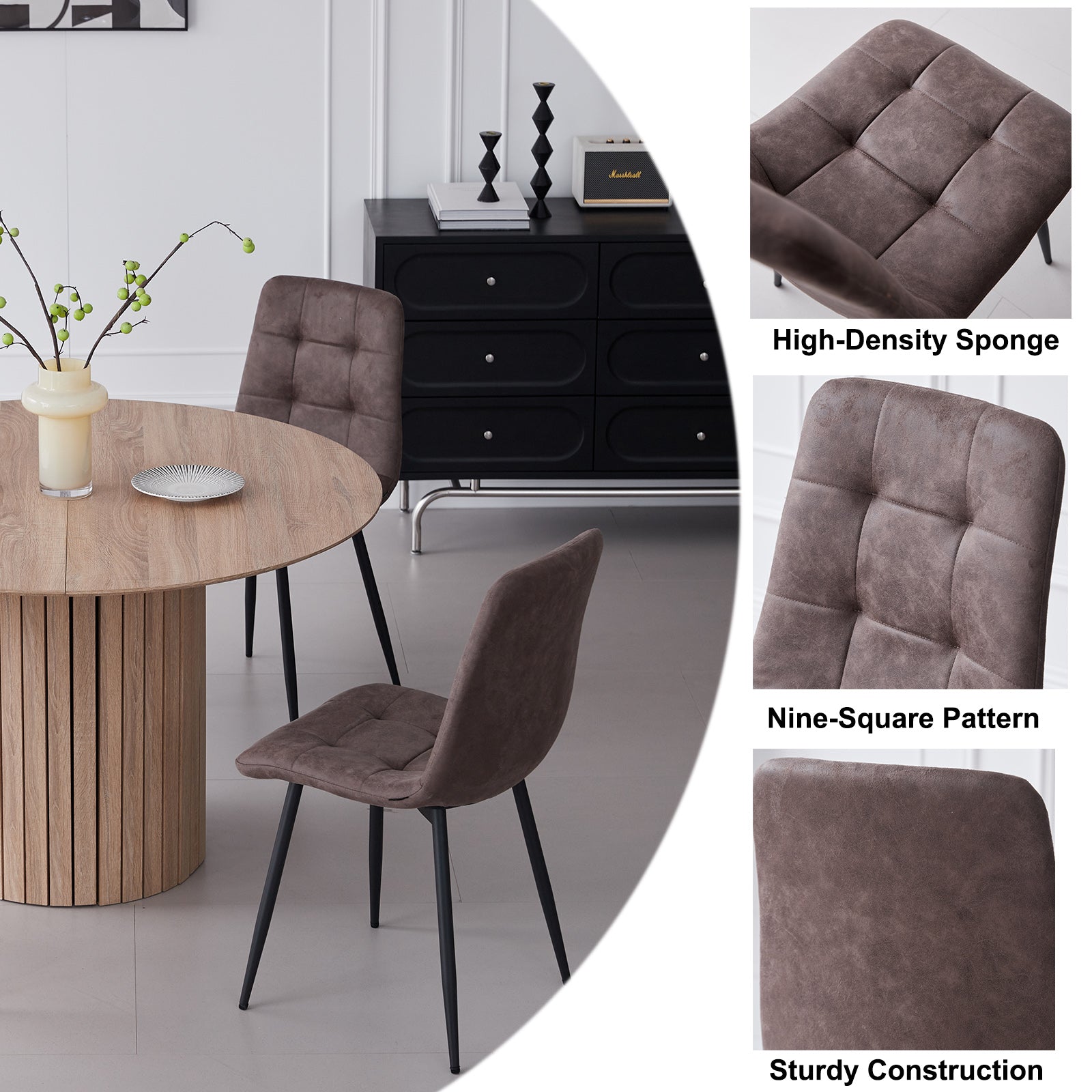 5 Piece Round Dining Table Set - Mid-Century 47 inch Oak Dining Table with 4 Brown Faux Leather Chairs Set, Dinner Table & Chair with Metal Legs for Kitchen Dining Room, Apartment, Bedroom