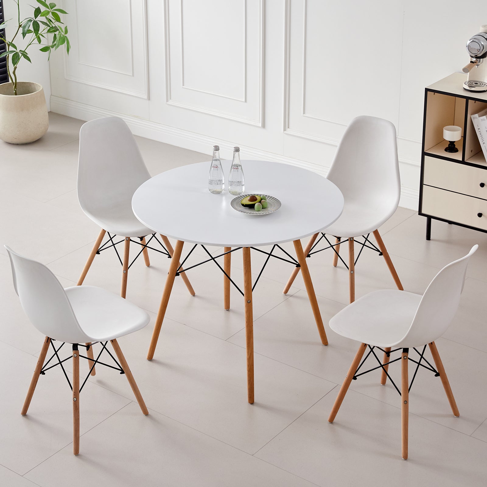 5 Piece Round Dining Table Set for 4, Mid-Century Modern Kitchen Table with 4 Chairs for Home, Apartment, Plastic Seats, Space Saving, Wood Legs