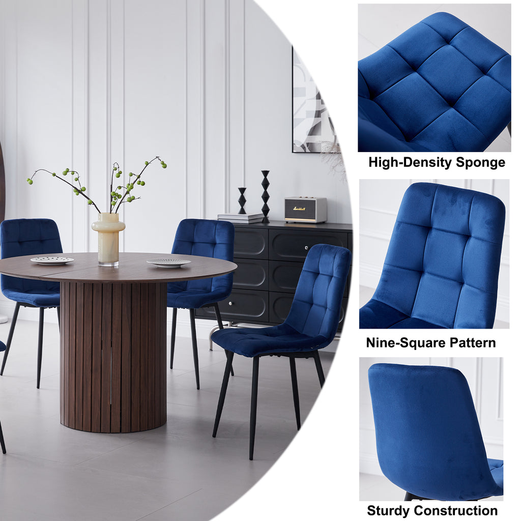 5 Piece Round Dining Table Set - Mid-Century 47 inch Brown Dining Table with 4 Blue Velvet Chairs Set, Dinner Table & Chair with Metal Legs for Kitchen Dining Room, Apartment, Bedroom