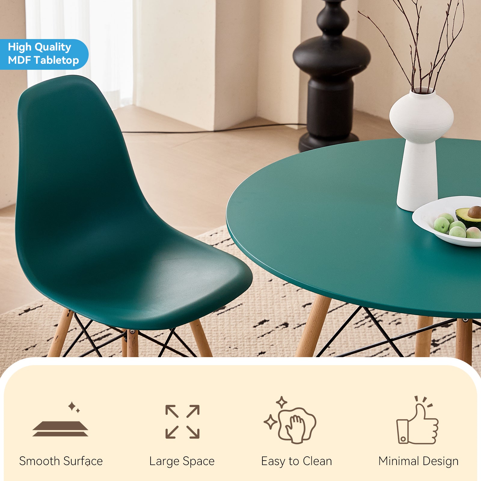 5 Piece 35.5'' Round Dining Table Set for 4, Mid-Century Modern Table W/ 4 Chairs for Kitchen, Home, Living Room, Apartment, Wood Legs, Metal Frame, Plastic Seats, Green