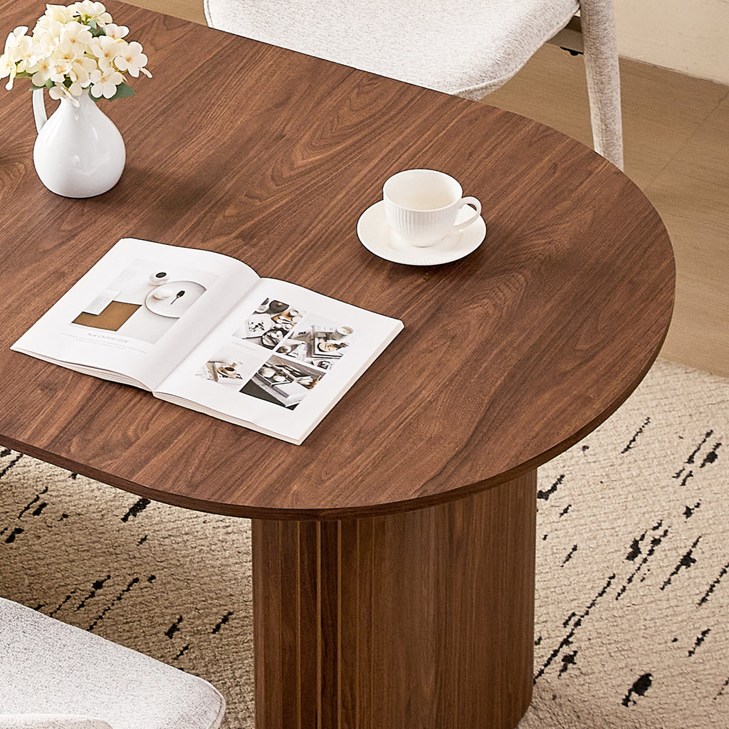 71" Brown Large Dining Table Set for 4 Modern Kitchen Table with White Linen Upholstered Kitchen Chairs Set of 4