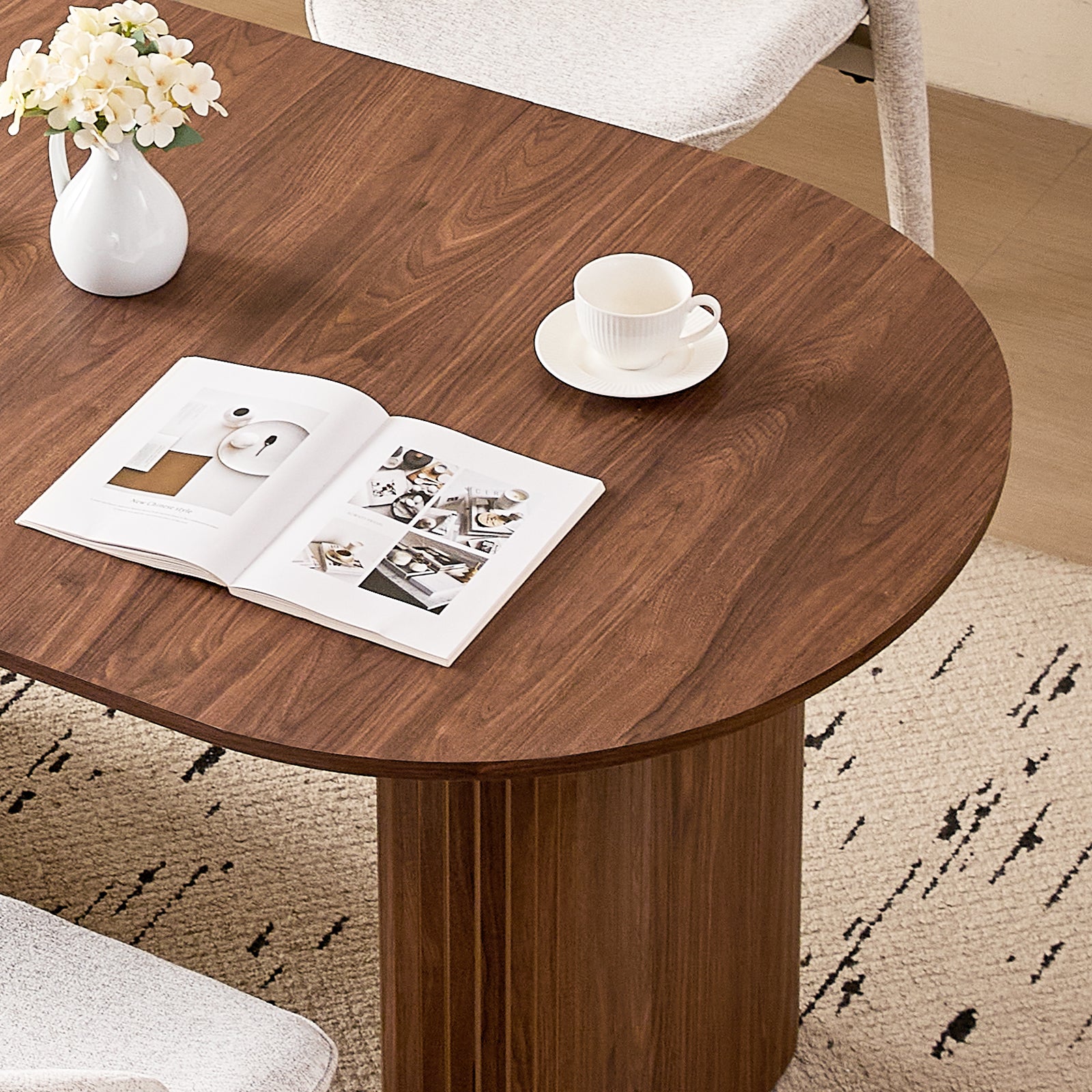 71" Brown Large Dining Table Set for 4 Modern Kitchen Table with White Linen Upholstered Kitchen Chairs Set of 4