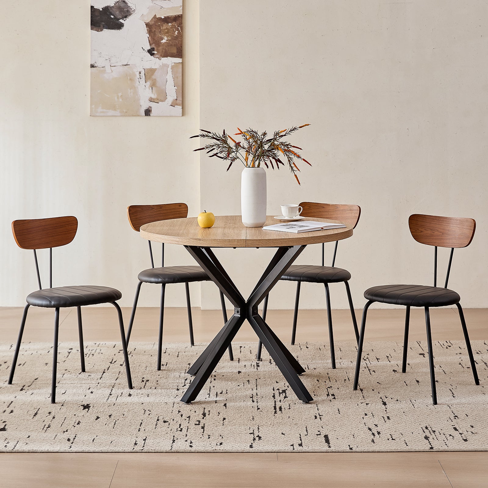39" Round Dining Table Set for 4, Mid Century Kitchen Table with 4 Stackable Dining Chairs for Apartment Living Room Space Saving, Black