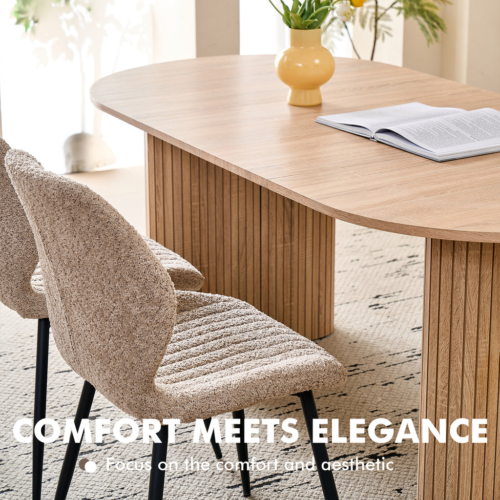 71" Large Dining Table Set for 4, Rounded Corners Farmhouse Modern Rectangle Wood Kitchen Table with Boucle Chairs Set of 4