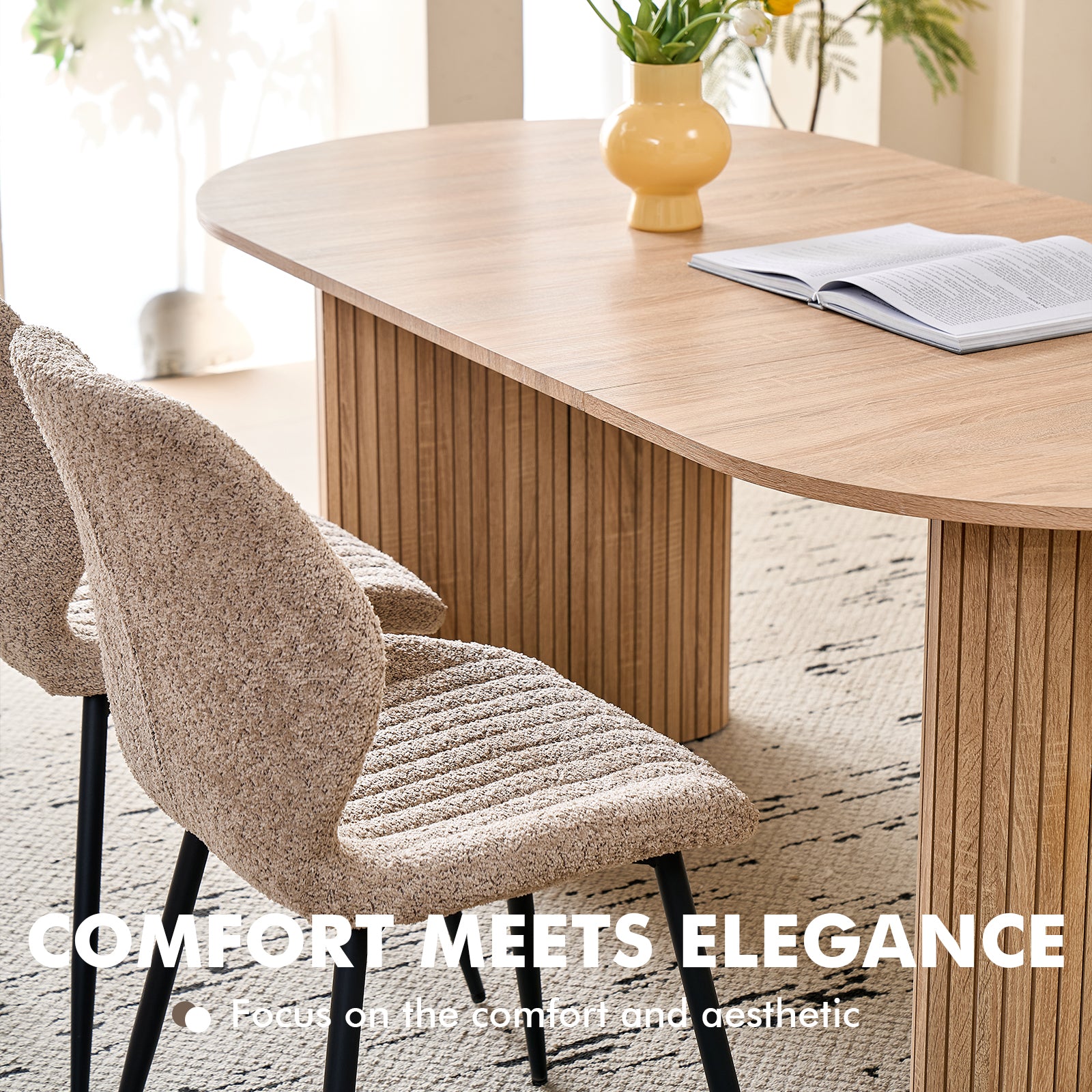 71" Large Dining Table Set for 4, Rounded Corners Farmhouse Modern Rectangle Wood Kitchen Table with Boucle Chairs Set of 4