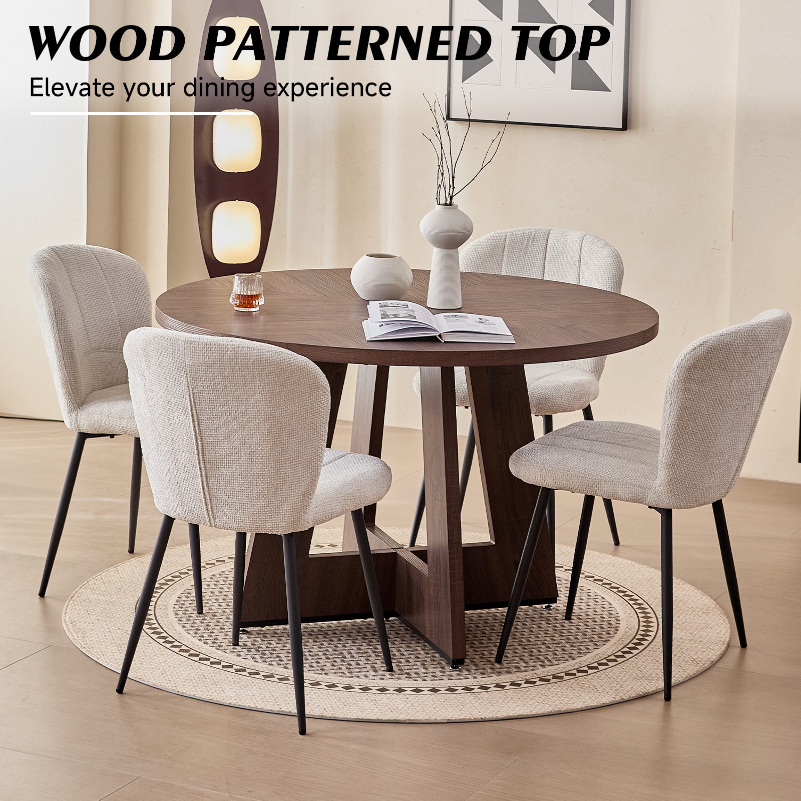 5 Piece 47" Round Dining Room Table Set for 4, [Fanned Base] [1.38" Thick Top] Wood Kitchen Table with 4 White Chenille Dining Chairs