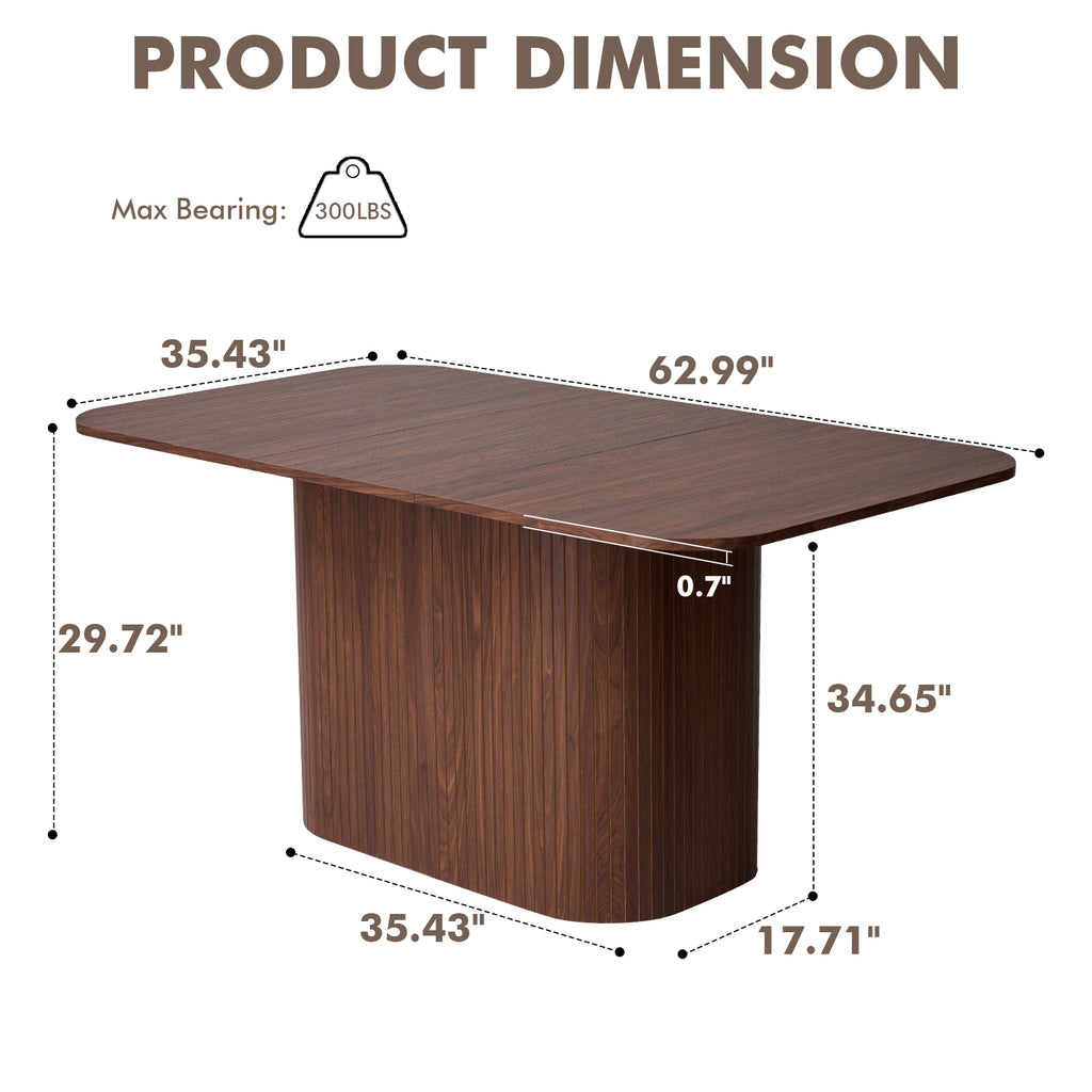 63" Rectangle Dining Table for 4-6 Person, Modern Mid-century Farmhouse Large Kitchen Table w/Wood Strip Pedestal Base, Rustic Dinner Table for Breakfast Dining Reception Room, Brown