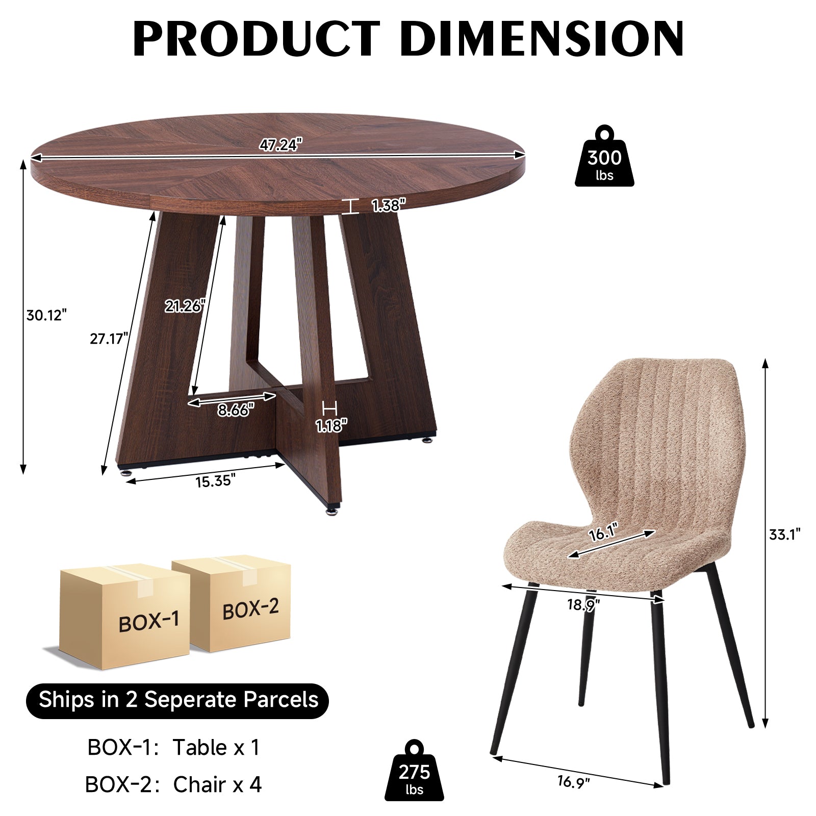 5 Piece 47'' Round Dining Table Chairs Set for 4, Farmhouse Oak Kitchen Table with 4 Scandi Mid Century Modern Dinning Room Chairs, Wood Dinner Table &Upholstered Fabric Chairs Set of 4, Brown