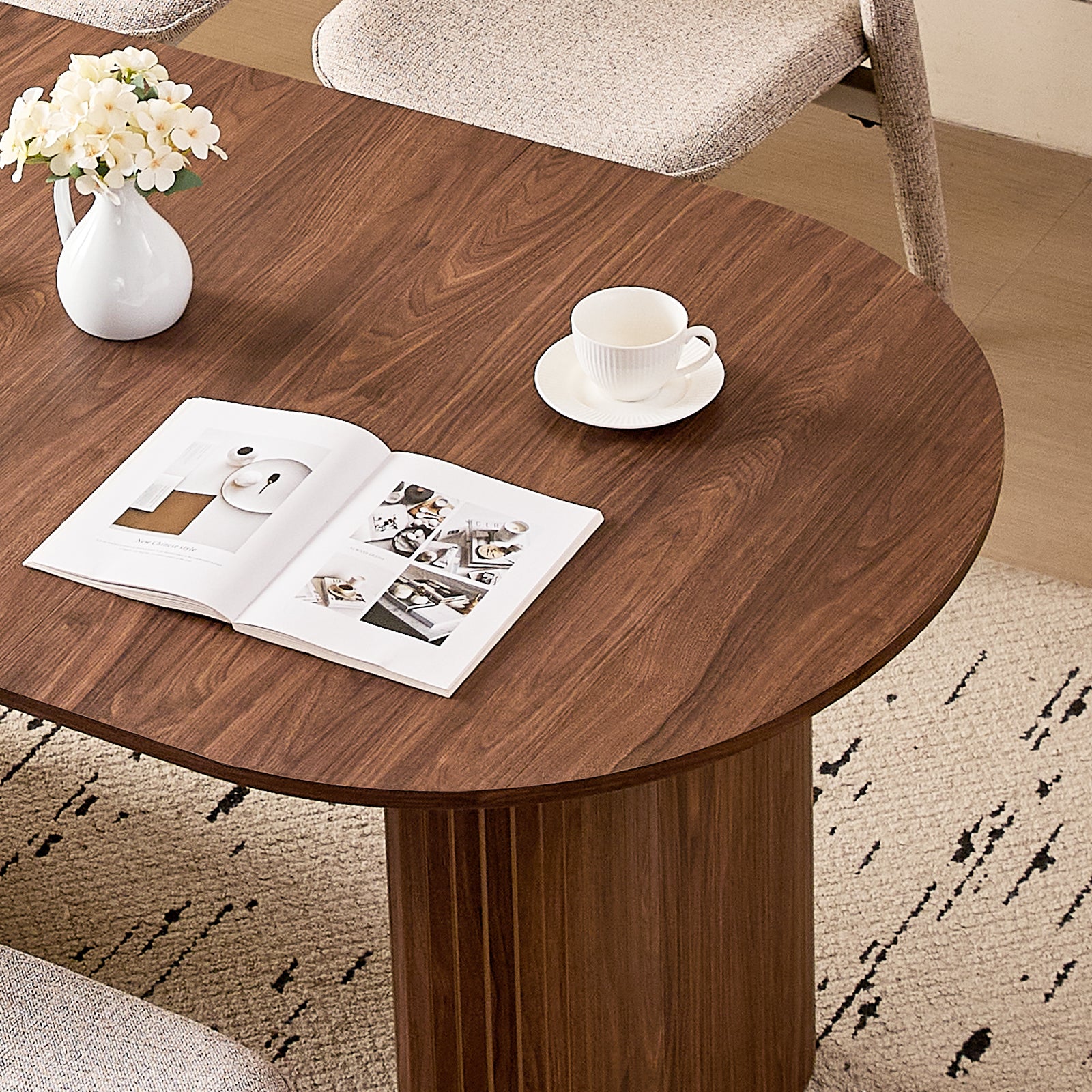 71" Brown Large Dining Table Set for 4 Modern Kitchen Table with Brown Linen Upholstered Kitchen Chairs Set of 4