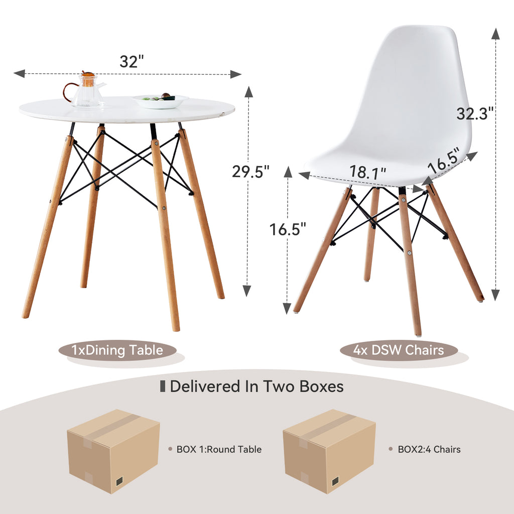 5 Piece Round Dining Table Set for 4, Mid-Century Modern Kitchen Table with 4 Chairs for Home, Apartment, Plastic Seats, Space Saving, Wood Legs