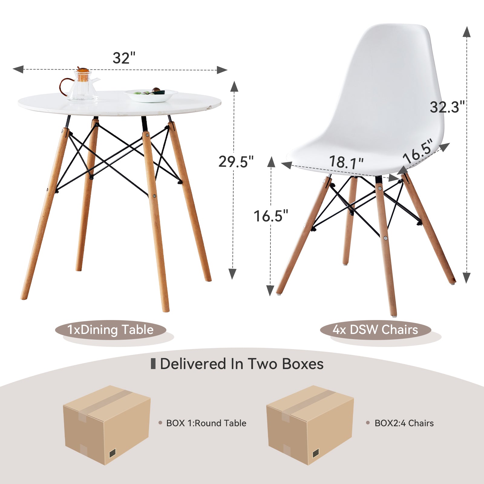 5 Piece Round Dining Table Set for 4, Mid-Century Modern Kitchen Table with 4 Chairs for Home, Apartment, Plastic Seats, Space Saving, Wood Legs