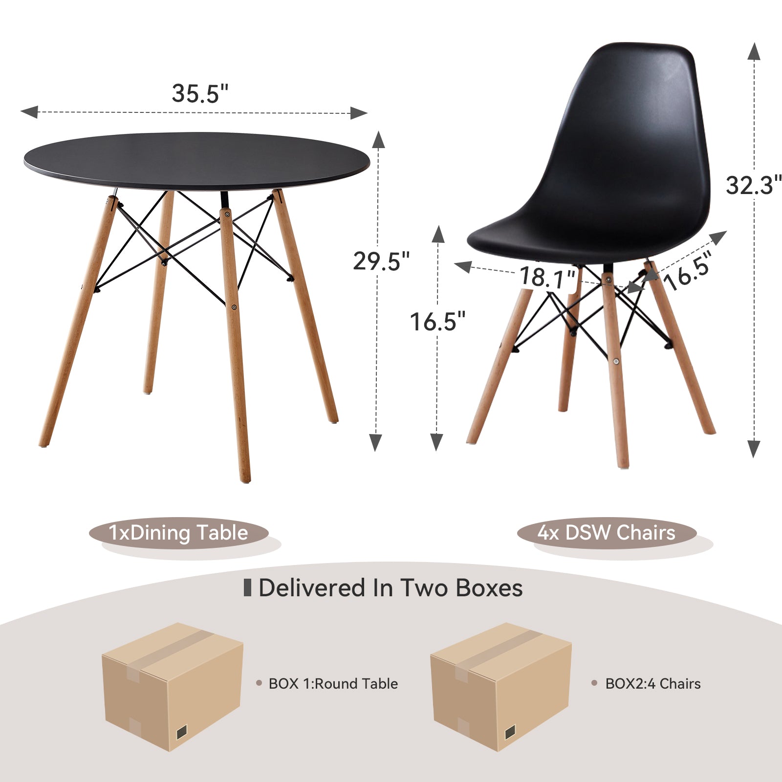 5 Piece 35.5'' Round Dining Table Set for 4, Kitchen Table & Chairs Set of 4, Mid-Century Modern Table W/ 4 Chairs for Home, Living Room, Apartment, Wood Legs, Metal Frame, Black