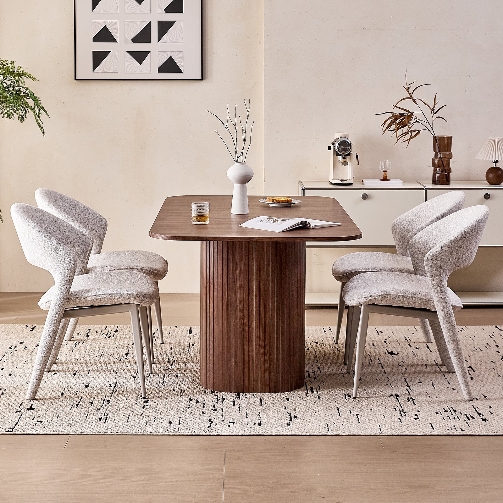 63" Rectangle Dining Table for 4-6 Person, Modern Mid-century Farmhouse Large Kitchen Table w/Wood Strip Pedestal Base, Rustic Dinner Table for Breakfast Dining Reception Room, Brown