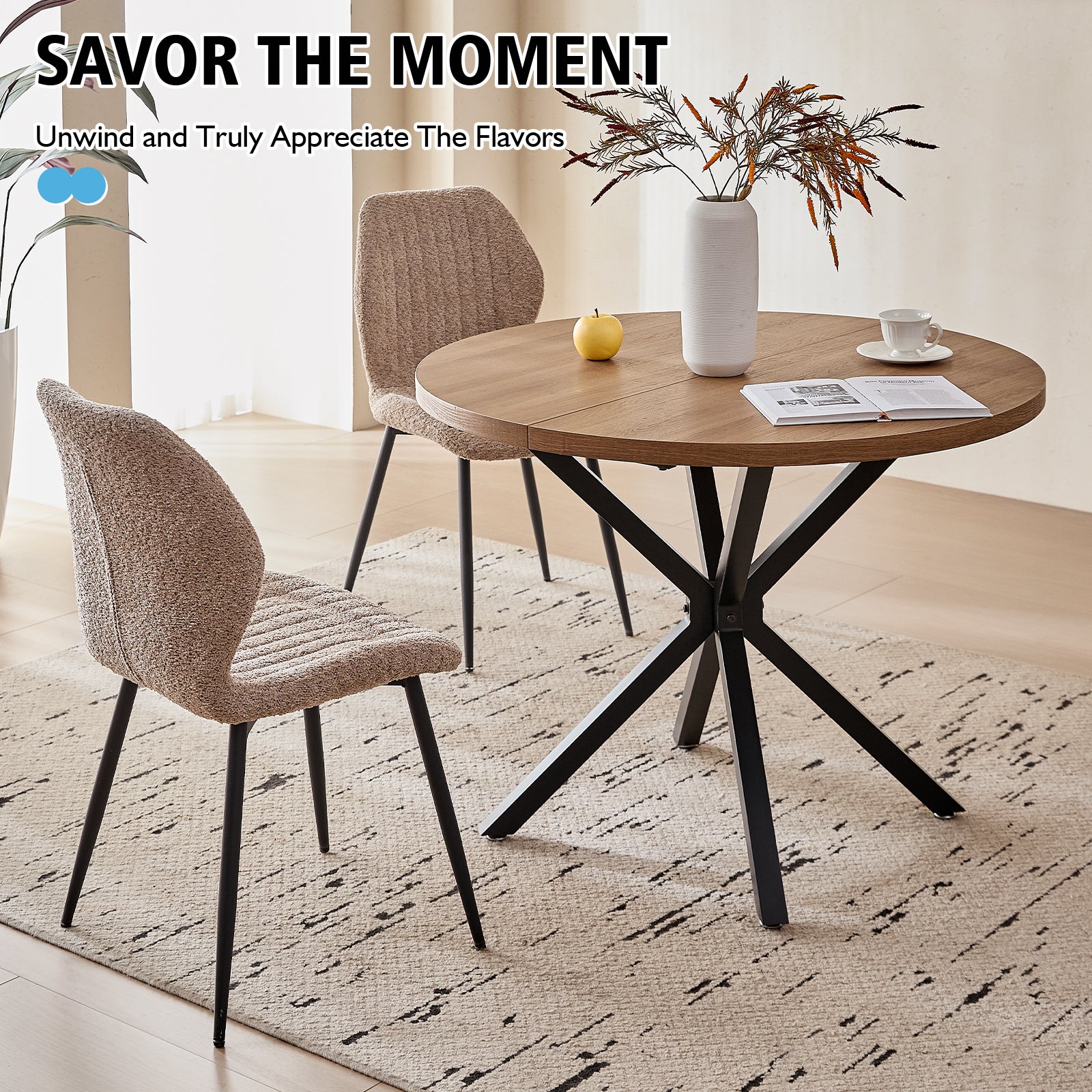 39" Round Dining Table Set for 4, Mid Century Kitchen Table with 4 Brown Upholstered Dining Chairs for Apartment Living Room Space Saving,Brown Table