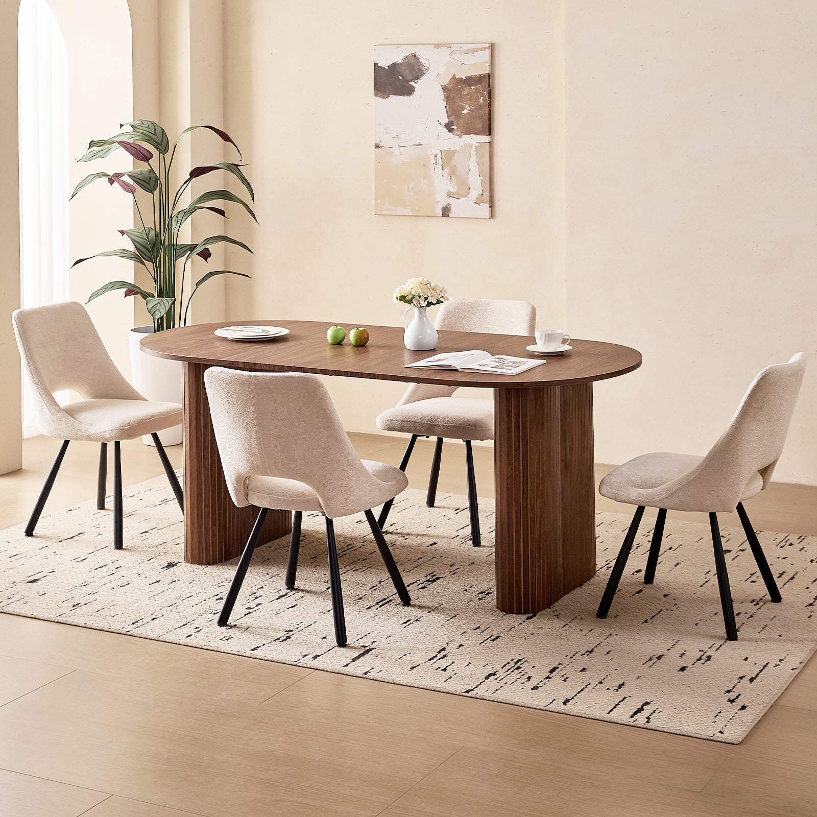 71" Brown Large Dining Table Set for 4 Modern Kitchen Table with Beige Boucle Upholstered Kitchen Chairs Set of 4