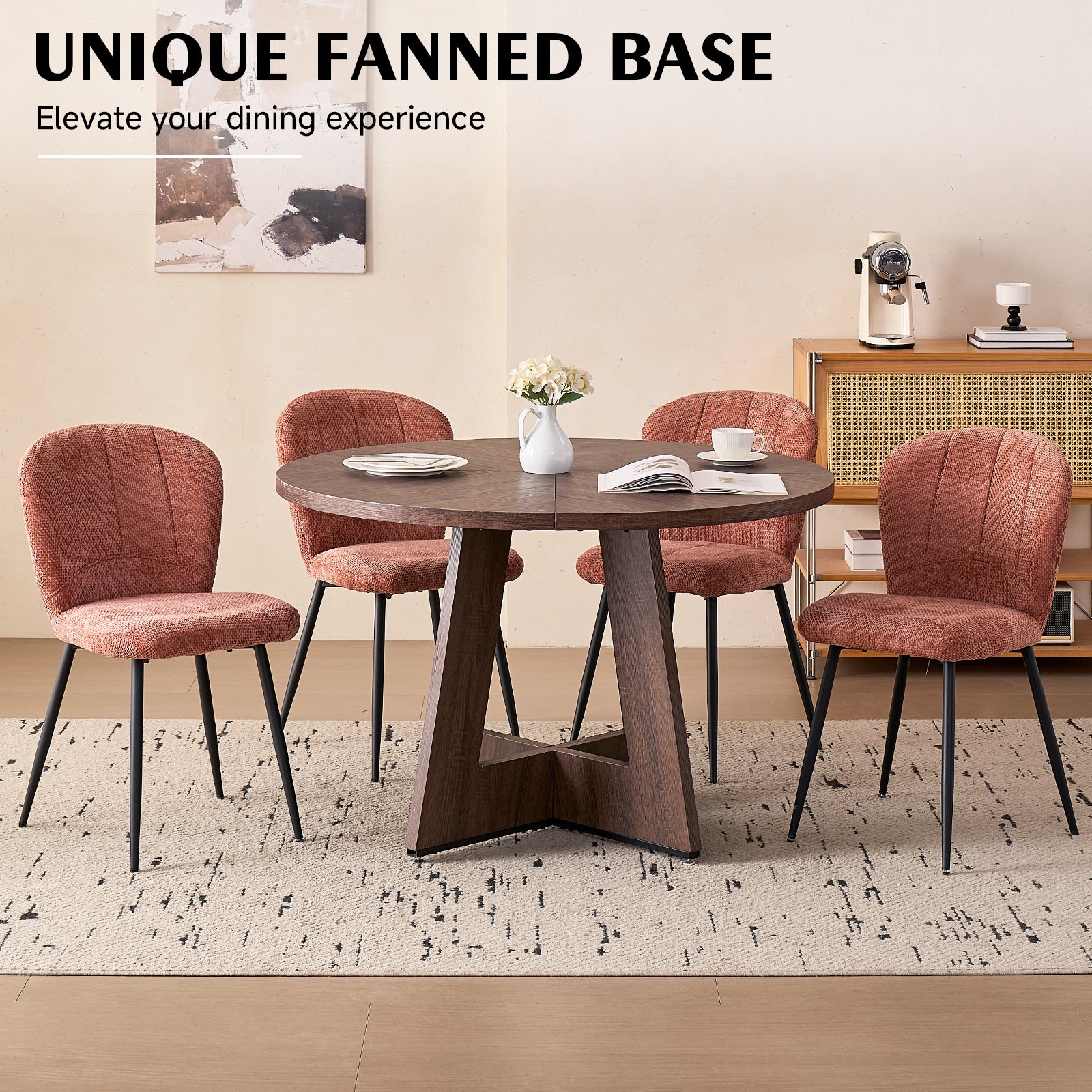 5 Piece 47" Round Dining Room Table Set for 4, [Fanned Base] [1.38" Thick Top] Wood Kitchen Table with 4 Orange Chenille Dining Chairs