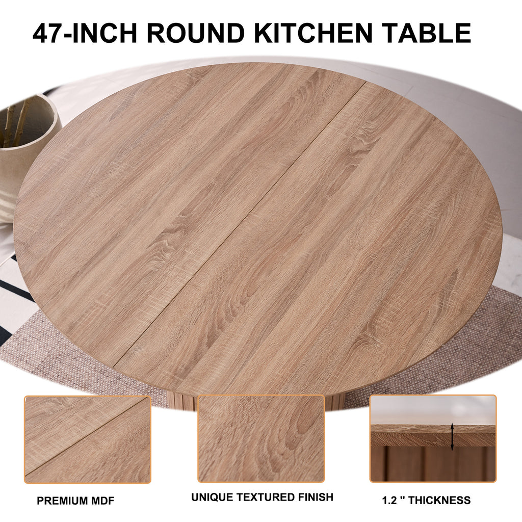 5 Piece Round Dining Table Set - Mid-Century 47 inch Oak Dining Table with 4 Brown Faux Leather Chairs Set, Dinner Table & Chair with Metal Legs for Kitchen Dining Room, Apartment, Bedroom