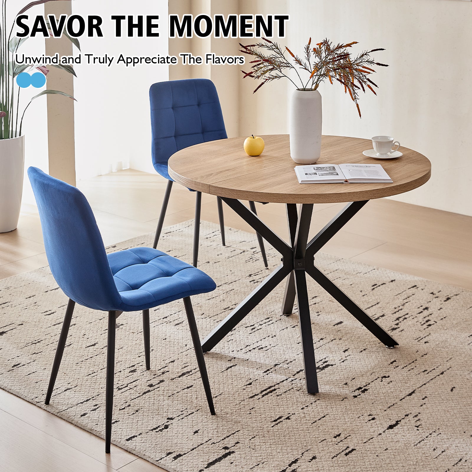 5 Piece Round Dining Table Chairs Set for 4 - Mid-Century Modern Oak Kitchen Table with 4 Blue Velvet Chairs, Coffee Table & Chair with Black Metal Legs for Dining Living Room, Apartment