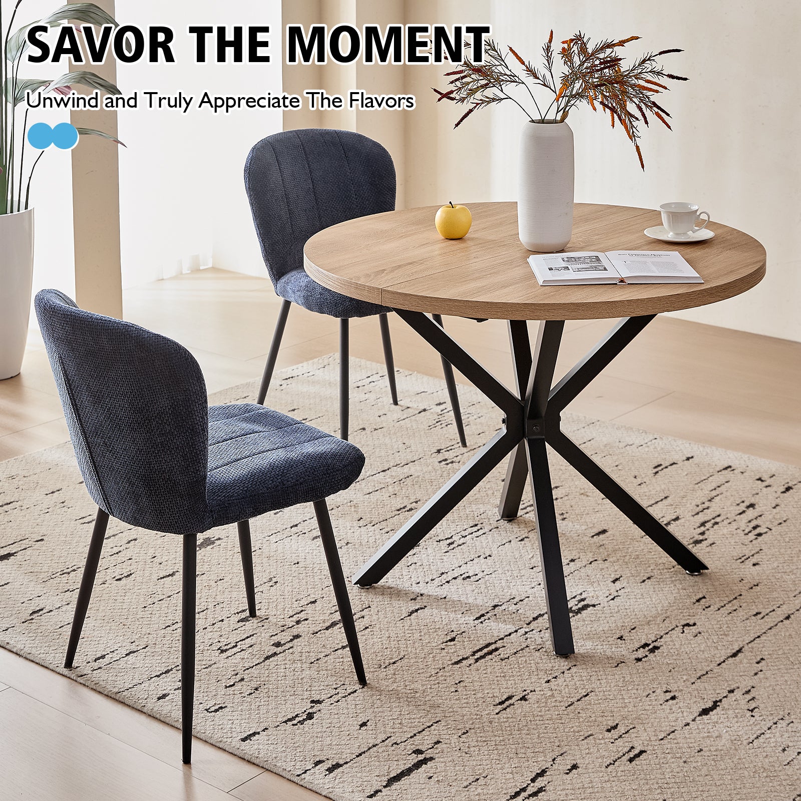 39" Round Dining Table Set for 4, Mid Century Kitchen Table with 4 Upholstered Accent Chenille Dining Chairs for Apartment Living Room, Space Saving, Blue