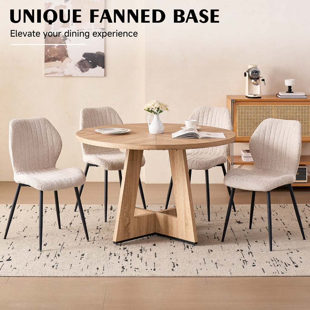 5 Piece 47'' Round Dining Table Chairs Set for 4, Farmhouse Oak Kitchen Table with 4 Boucle Mid Century Modern Dinning Room Chairs, Wood Dinner Table &Upholstered Chair Set of 4, Beige