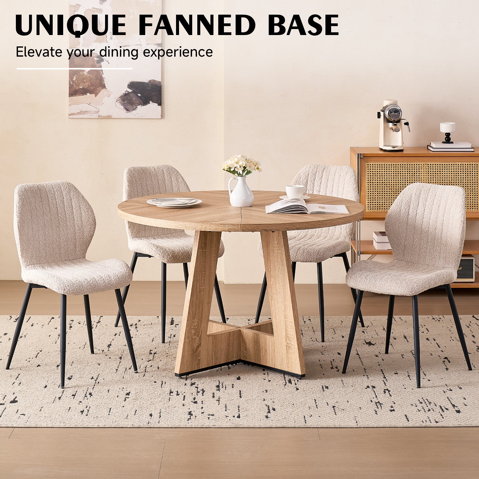 5 Piece 47'' Round Dining Table Chairs Set for 4, Farmhouse Oak Kitchen Table with 4 Boucle Mid Century Modern Dinning Room Chairs, Wood Dinner Table &Upholstered Chair Set of 4, Beige