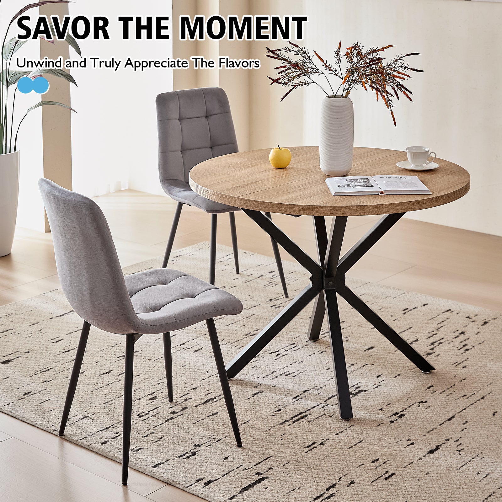 39" Round Dining Table Set for 4, Mid Century Kitchen Table with 4 Grey Velvet Upholstered Dining Chairs for Apartment Living Room Space Saving