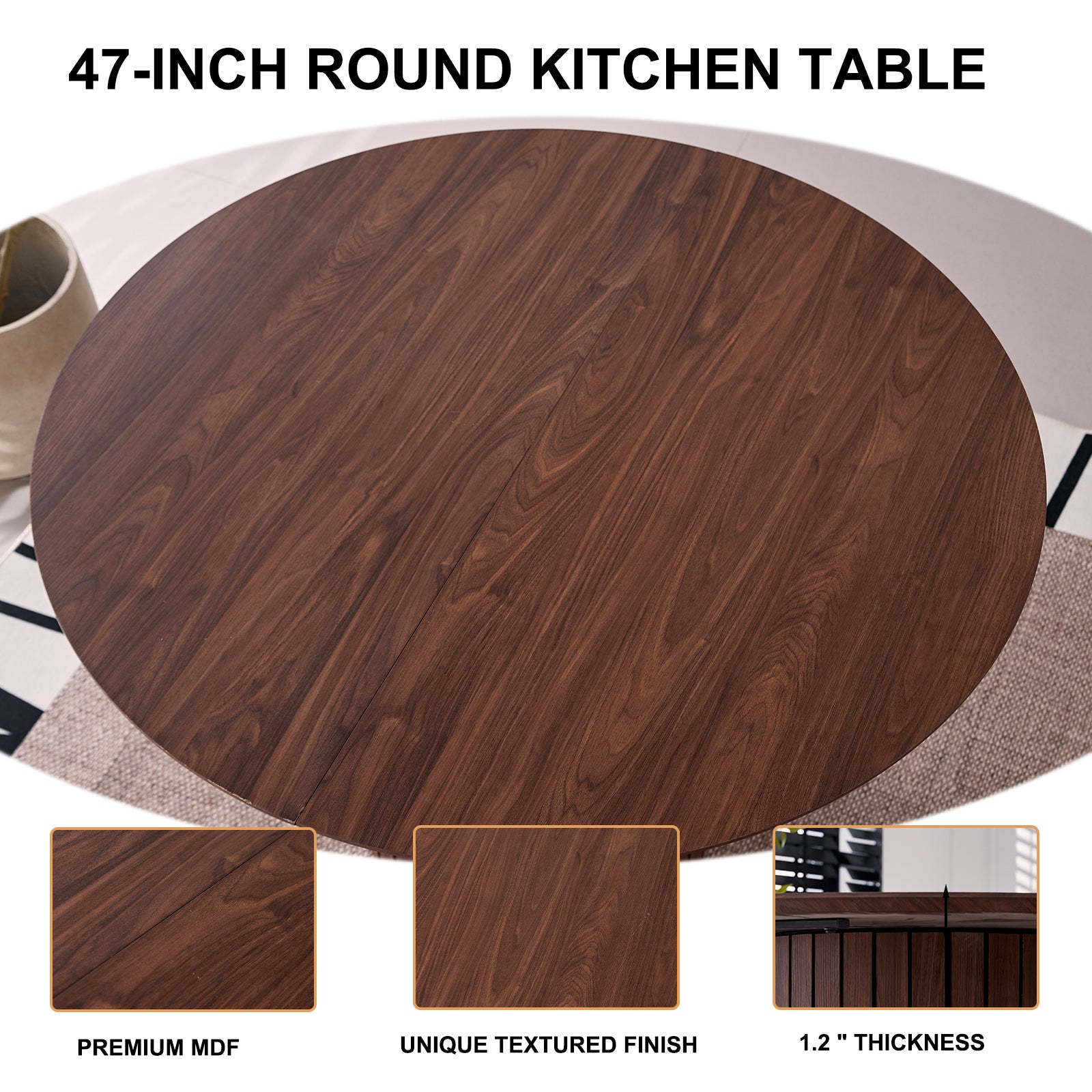 5 Piece Round Dining Table Set - Mid-Century 47 inch Brown Dining Table with 4 Gray Velvet Chairs Set, Dinner Table & Chair with Metal Legs for Kitchen Dining Room, Apartment, Bedroom