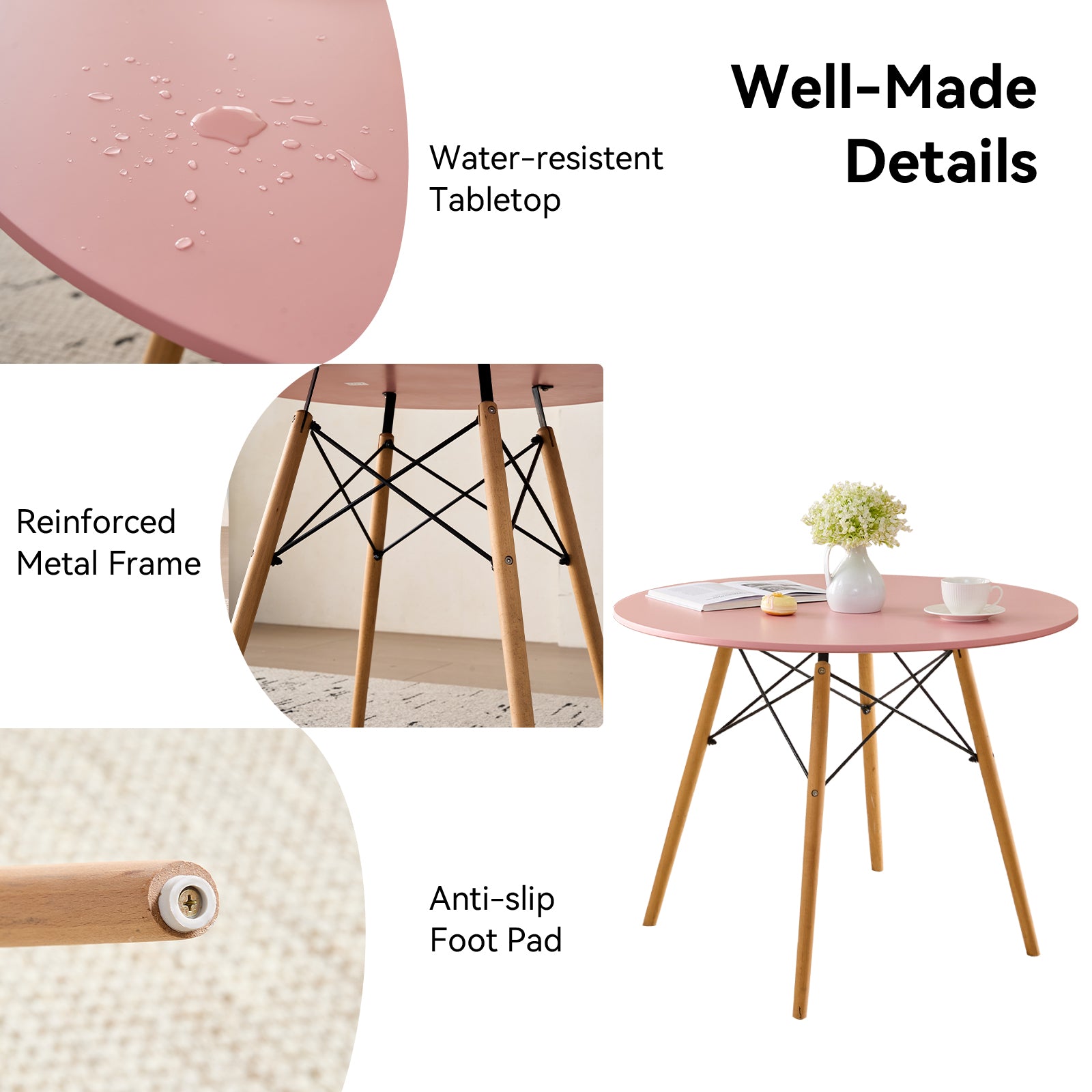 5-Piece 35.5'' Round Dining Table Set for 4, Kitchen Table Chair Set of 4, Mid-Century Modern Dinette Dining Room Table Set Dinner Table for 4 W/Solid Wood Legs, Pink