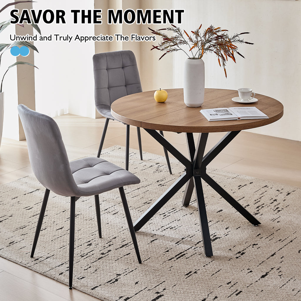 5 Pieces Round Dining Table Set - Mid-Century Brown Dining Table with 4 Gray Velvet Chairs Set, Coffee Table & Chairs with Black Metal Legs for Kitchen Dining Room, Apartment