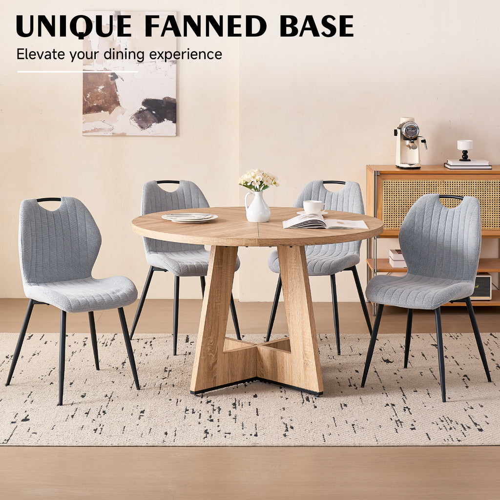 5 Piece 47'' Round Dining Table Chairs Set for 4, Farmhouse Oak Kitchen Table with 4 Scandi Mid Century Modern Dinning Room Chairs, Wood Dinner Table &Upholstered Fabric Chairs Set of 4, Gray