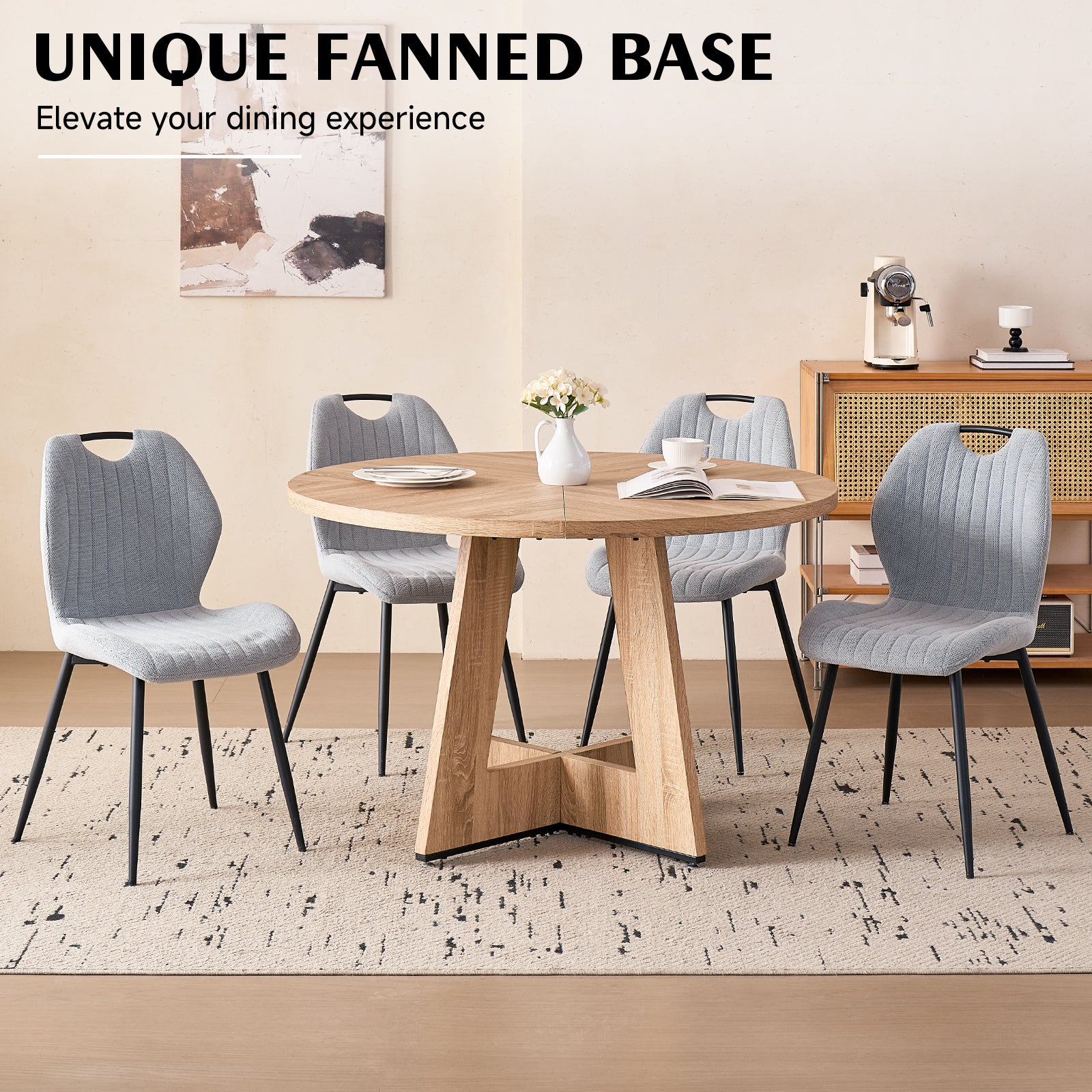 5 Piece 47'' Round Dining Table Chairs Set for 4, Farmhouse Oak Kitchen Table with 4 Scandi Mid Century Modern Dinning Room Chairs, Wood Dinner Table &Upholstered Fabric Chairs Set of 4, Gray