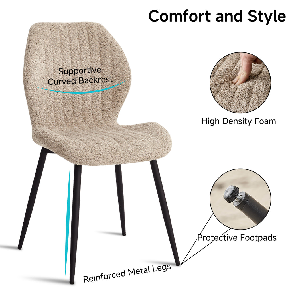 Boucle Dining Chairs Set of 4, Mid Century Modern Kitchen Chairs Comfortable Upholstered Armless Accent Dinning Room Chairs with Back and Metal Legs for Kitchen, Bedroom, Living Room, Brown